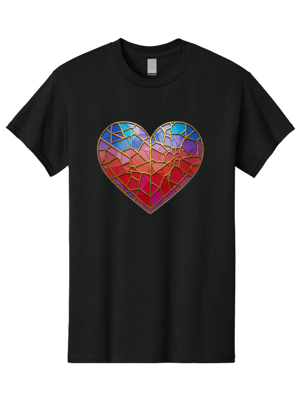 Heart-Mosaic Men'S Graphic Tee, 100% Cotton, Comfortable Casual Summer Wear, Machine Washable, Mosaic Art, Stained Glass Heart, Vibrant Colors, Gold Accents, Love Symbol, Artistic Expression, Colorful Mosaic, Heart Shape Bae040