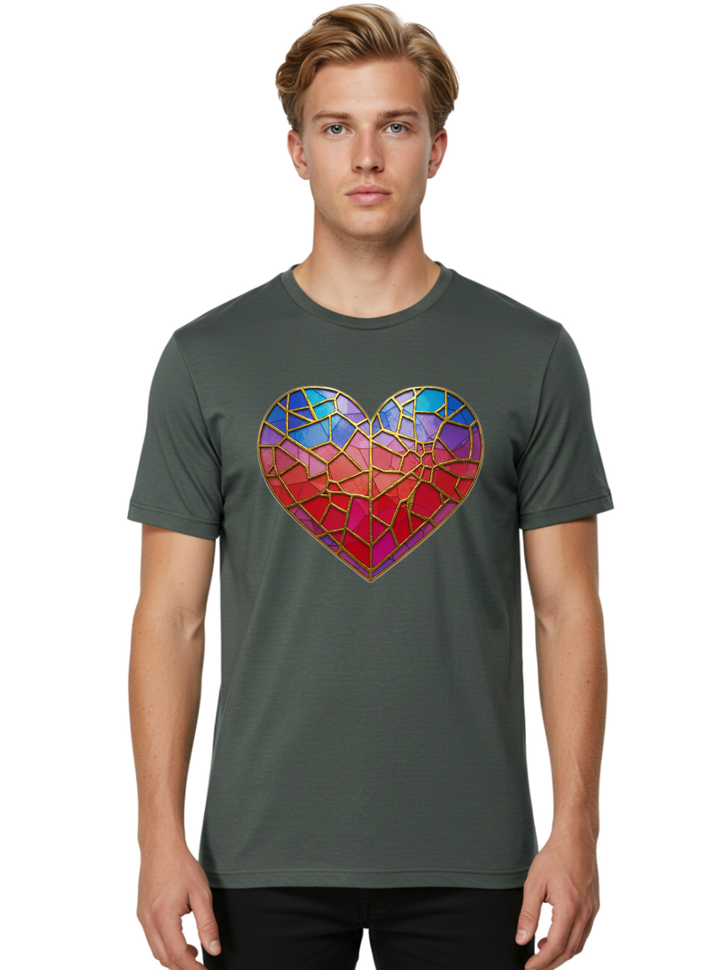 Heart-Mosaic Men'S Graphic Tee, 100% Cotton, Comfortable Casual Summer Wear, Machine Washable, Mosaic Art, Stained Glass Heart, Vibrant Colors, Gold Accents, Love Symbol, Artistic Expression, Colorful Mosaic, Heart Shape Bae040