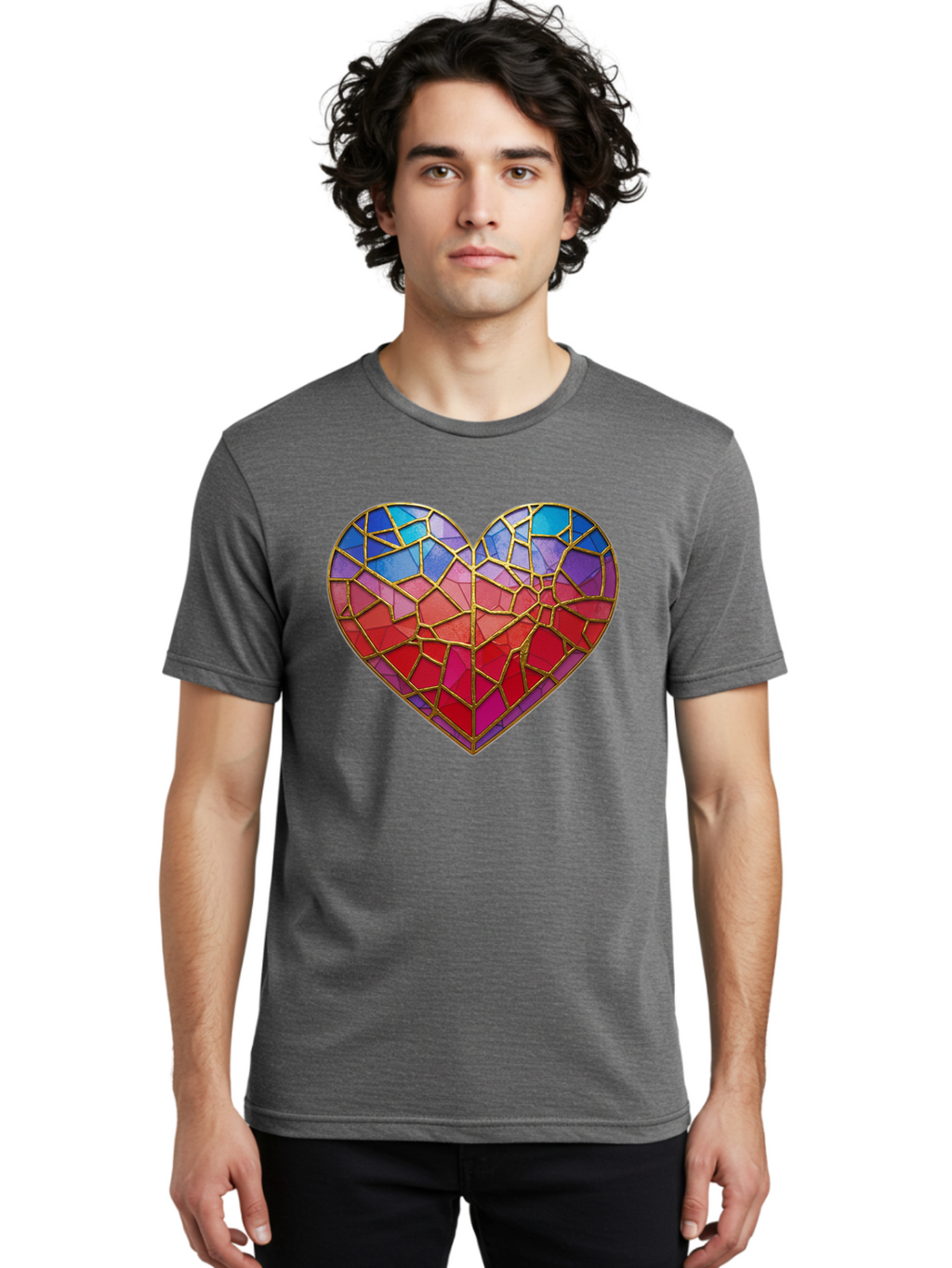 Heart-Mosaic Men'S Graphic Tee, 100% Cotton, Comfortable Casual Summer Wear, Machine Washable, Mosaic Art, Stained Glass Heart, Vibrant Colors, Gold Accents, Love Symbol, Artistic Expression, Colorful Mosaic, Heart Shape Bae040
