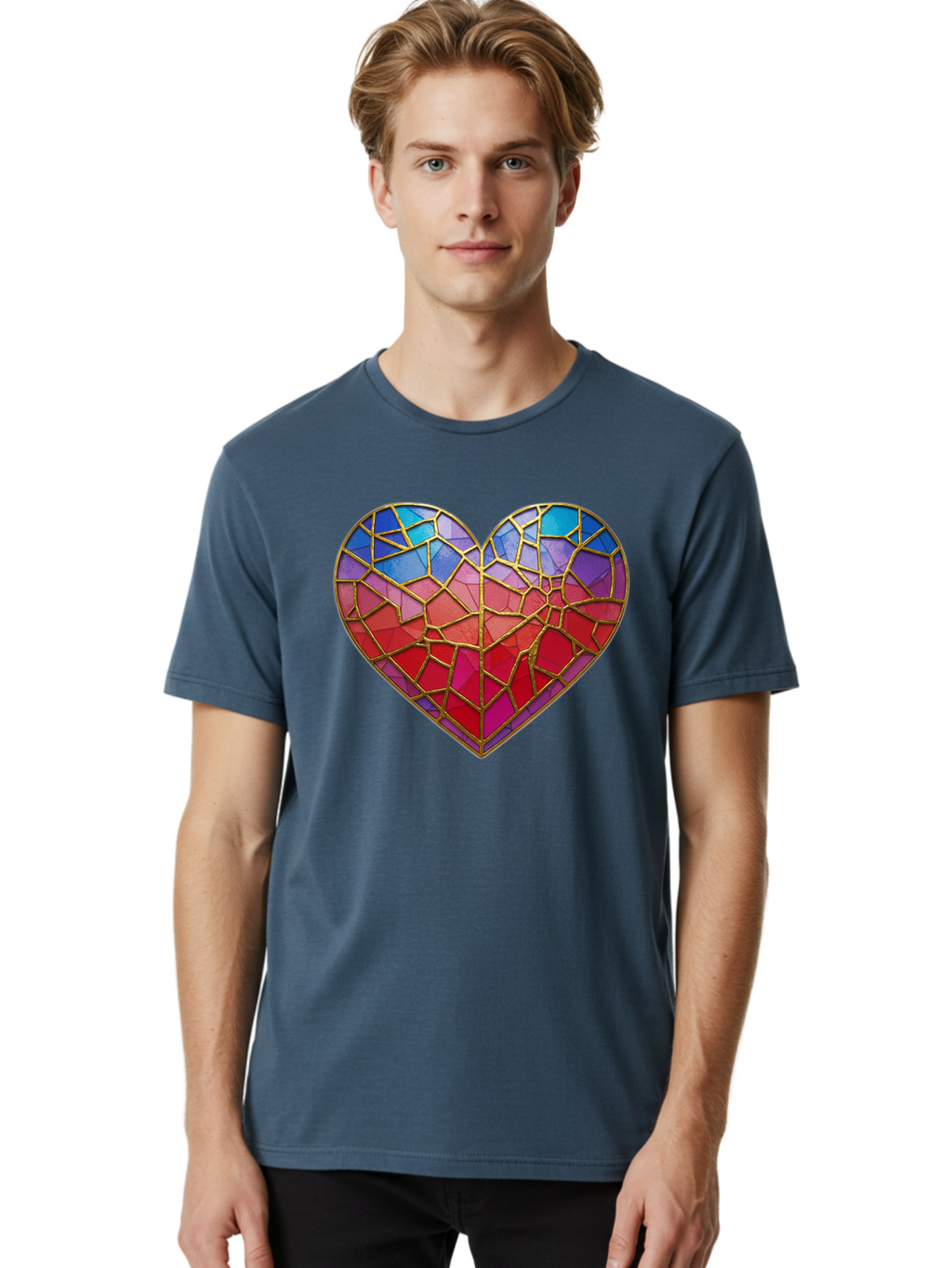 Heart-Mosaic Men'S Graphic Tee, 100% Cotton, Comfortable Casual Summer Wear, Machine Washable, Mosaic Art, Stained Glass Heart, Vibrant Colors, Gold Accents, Love Symbol, Artistic Expression, Colorful Mosaic, Heart Shape Bae040