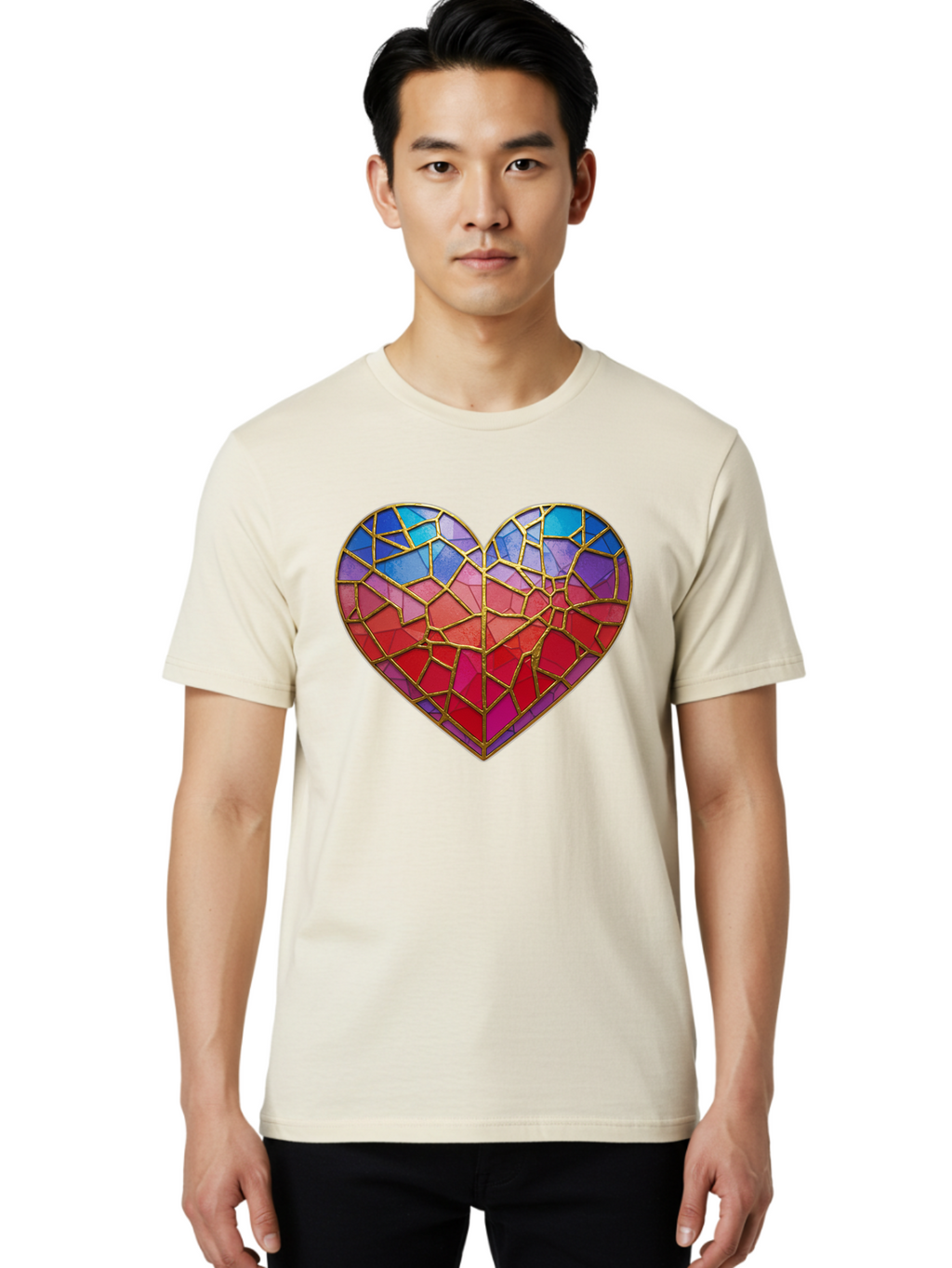 Heart-Mosaic Men'S Graphic Tee, 100% Cotton, Comfortable Casual Summer Wear, Machine Washable, Mosaic Art, Stained Glass Heart, Vibrant Colors, Gold Accents, Love Symbol, Artistic Expression, Colorful Mosaic, Heart Shape Bae040