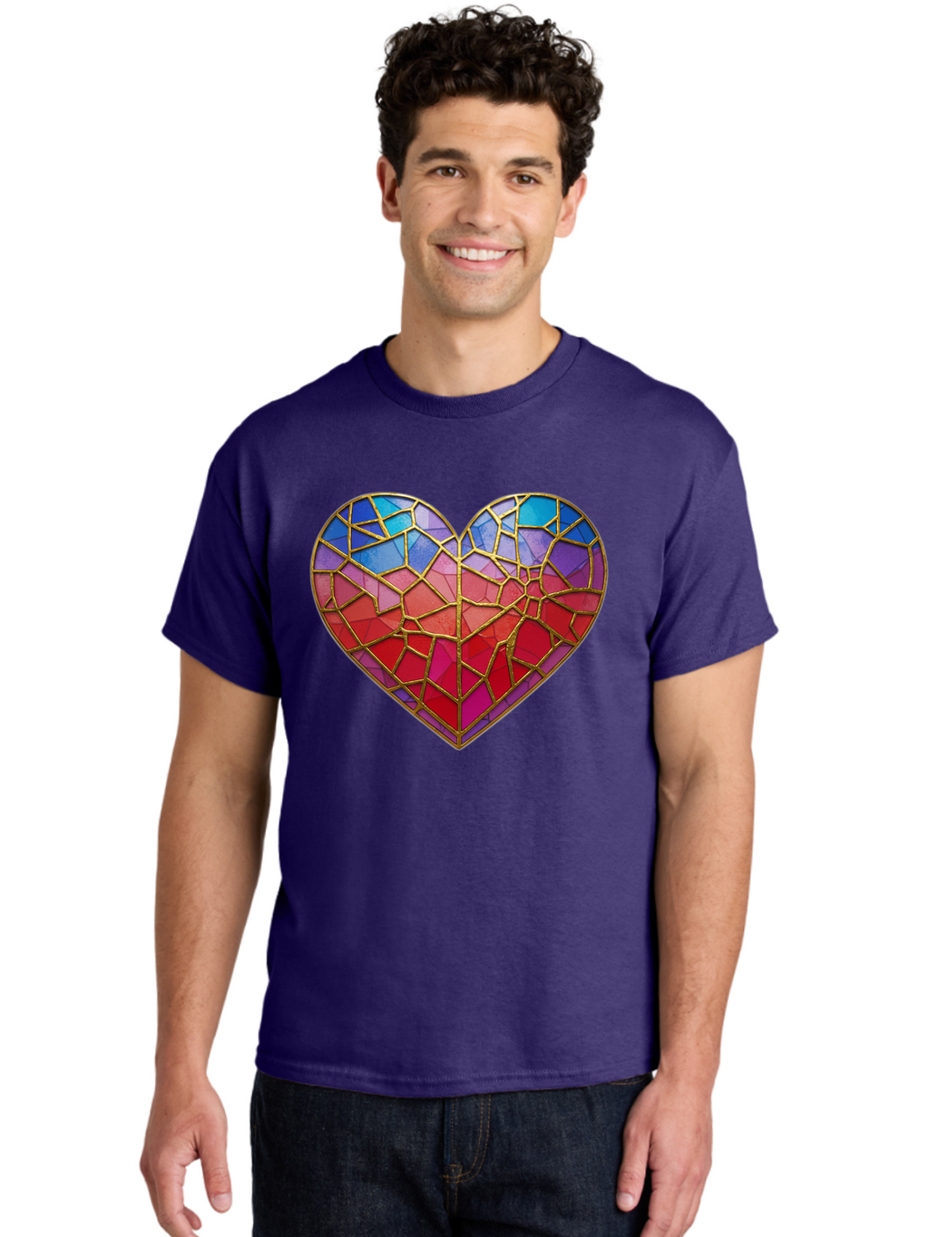 Heart-Mosaic Men'S Graphic Tee, 100% Cotton, Comfortable Casual Summer Wear, Machine Washable, Mosaic Art, Stained Glass Heart, Vibrant Colors, Gold Accents, Love Symbol, Artistic Expression, Colorful Mosaic, Heart Shape Bae040