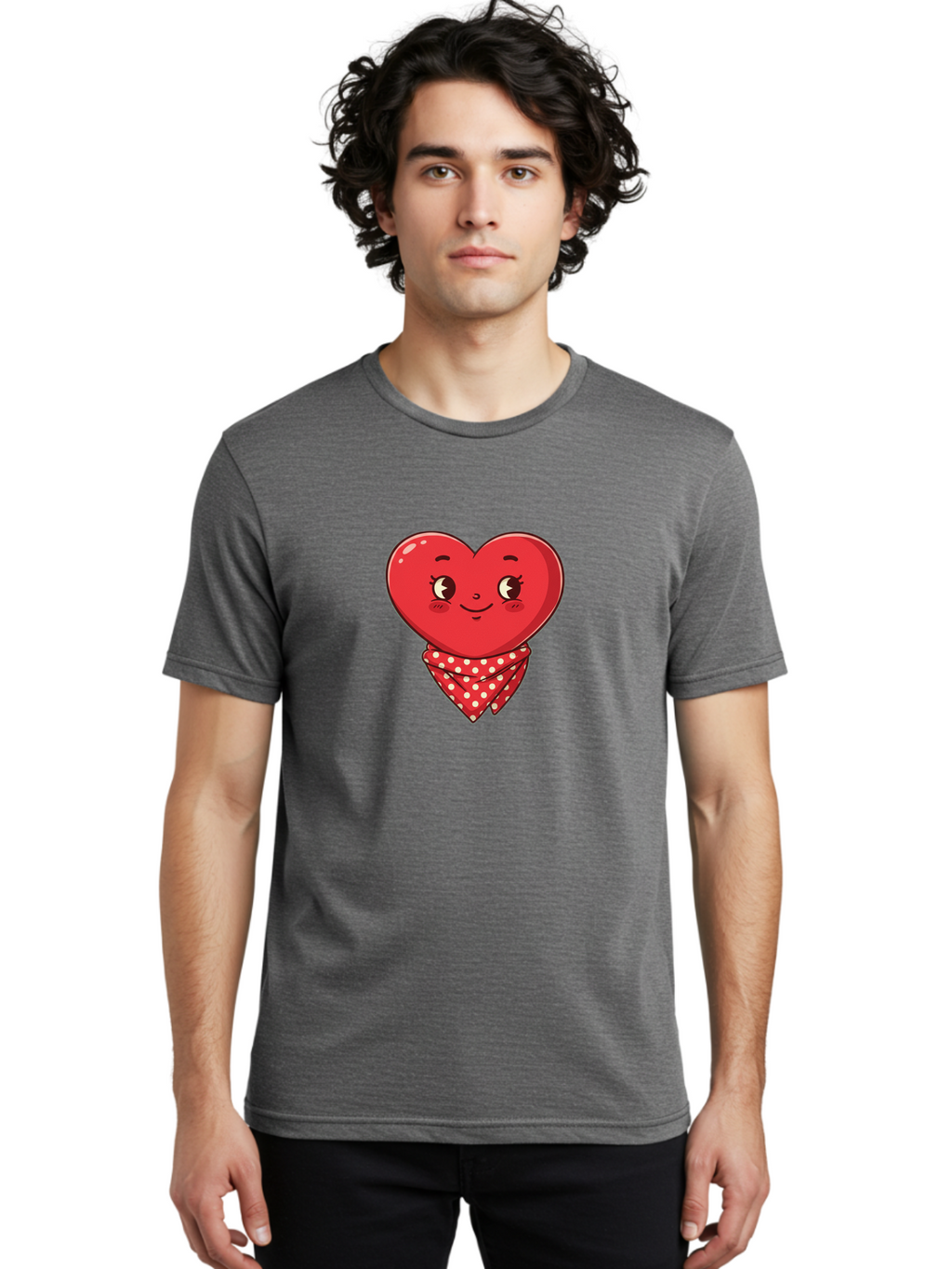 Heart-With-Bandana Men'S Graphic Tee, 100% Cotton, Comfortable Casual Summer Wear, Machine Washable, Cartoon Heart, Red Heart, Smiling Face, Heart With Bandana, Polka Dot Bandana, Cute Design, Valentines Day, Love Symbol Bae041
