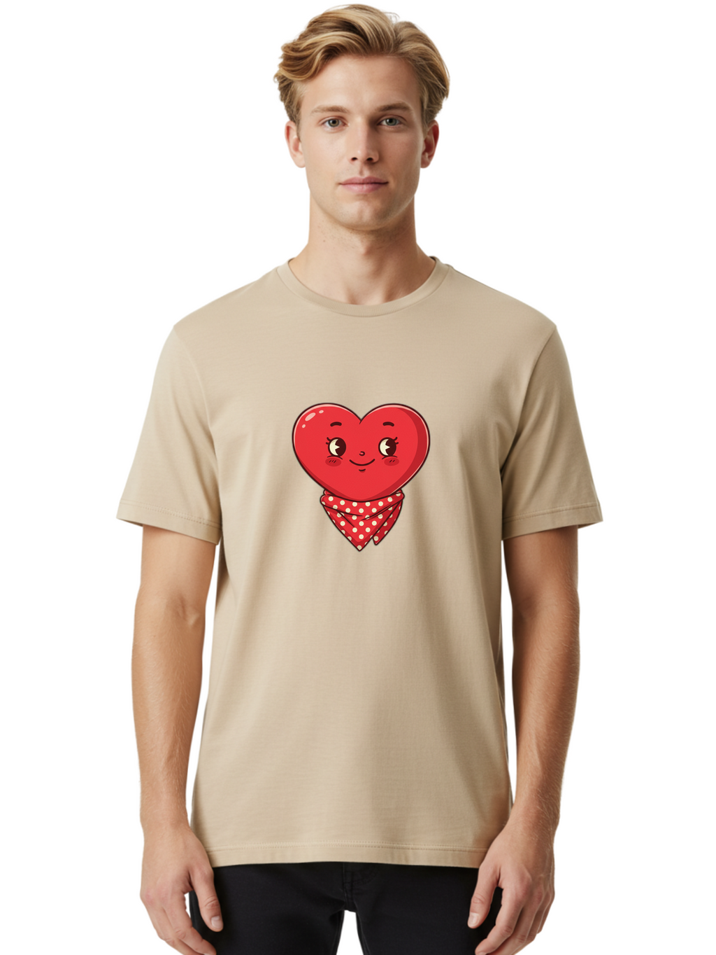 Heart-With-Bandana Men'S Graphic Tee, 100% Cotton, Comfortable Casual Summer Wear, Machine Washable, Cartoon Heart, Red Heart, Smiling Face, Heart With Bandana, Polka Dot Bandana, Cute Design, Valentines Day, Love Symbol Bae041