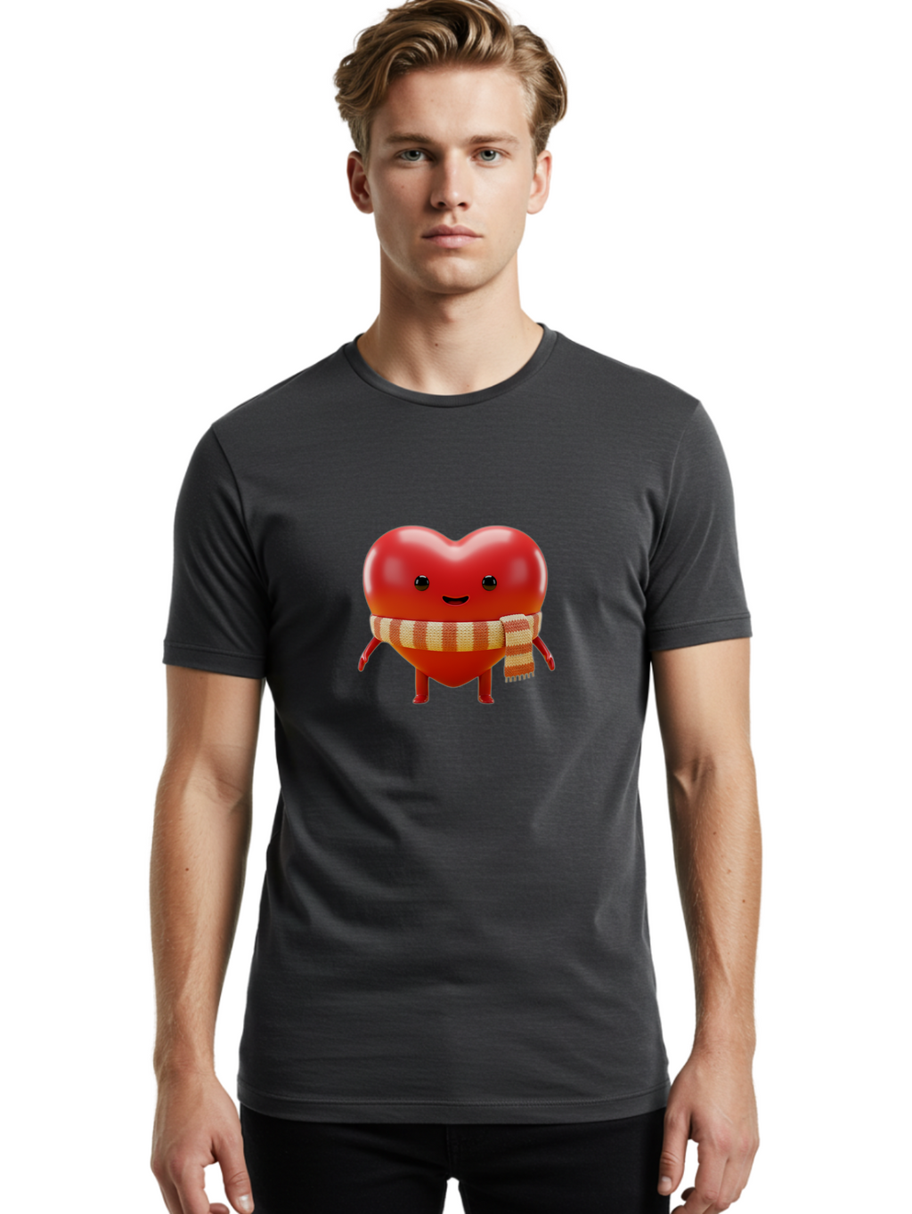 Heart-With-Scarf-1 Men'S Graphic Tee, 100% Cotton, Comfortable Casual Summer Wear, Machine Washable, Cartoon Heart, Red Heart, Smiling Face, Striped Scarf, Winter Theme, Cute Character, Heart Symbol, Illustration Art, Digital Graphic, Bae042