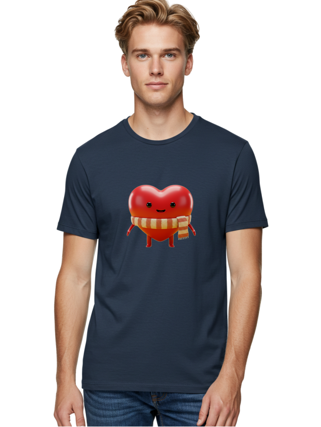 Heart-With-Scarf-1 Men'S Graphic Tee, 100% Cotton, Comfortable Casual Summer Wear, Machine Washable, Cartoon Heart, Red Heart, Smiling Face, Striped Scarf, Winter Theme, Cute Character, Heart Symbol, Illustration Art, Digital Graphic, Bae042
