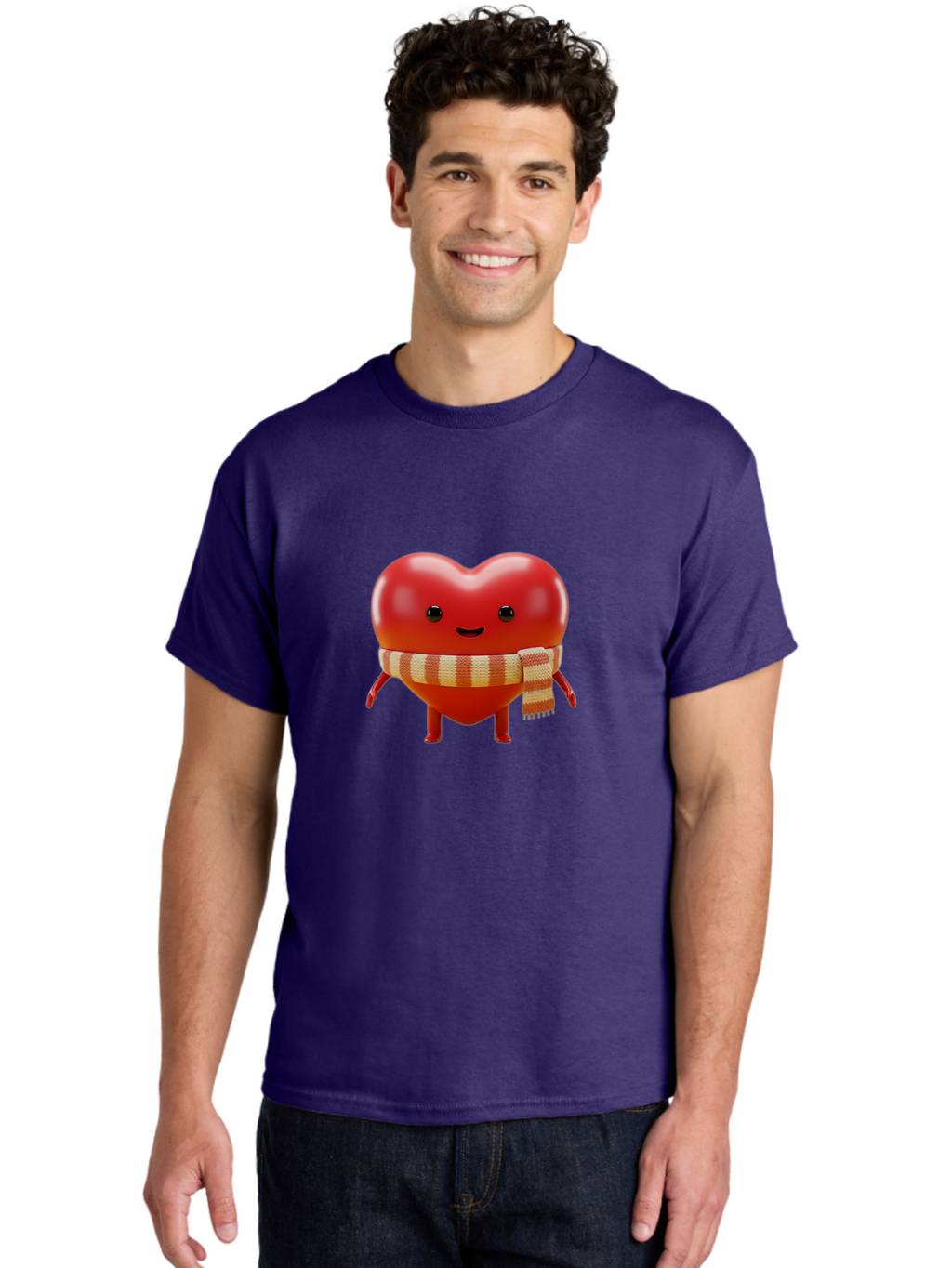 Heart-With-Scarf-1 Men'S Graphic Tee, 100% Cotton, Comfortable Casual Summer Wear, Machine Washable, Cartoon Heart, Red Heart, Smiling Face, Striped Scarf, Winter Theme, Cute Character, Heart Symbol, Illustration Art, Digital Graphic, Bae042