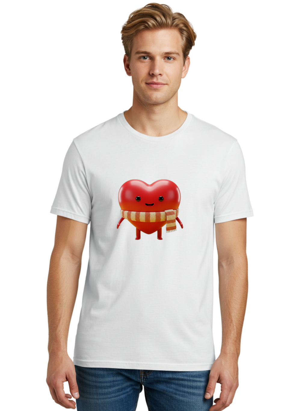 Heart-With-Scarf-1 Men'S Graphic Tee, 100% Cotton, Comfortable Casual Summer Wear, Machine Washable, Cartoon Heart, Red Heart, Smiling Face, Striped Scarf, Winter Theme, Cute Character, Heart Symbol, Illustration Art, Digital Graphic, Bae042