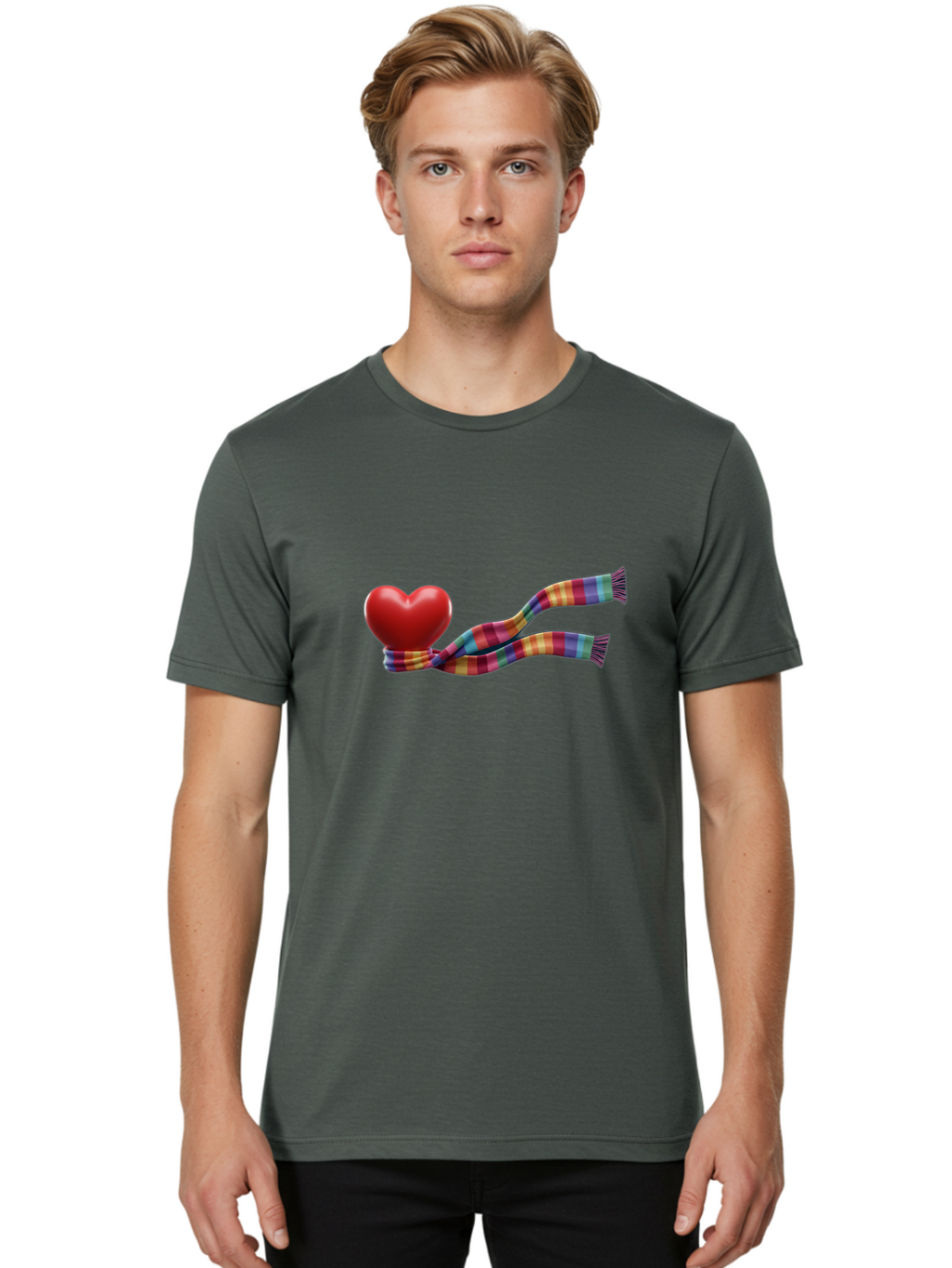 Heart-With-Scarf-2 Men'S Graphic Tee, 100% Cotton, Comfortable Casual Summer Wear, Machine Washable, Red Heart Wrapped In A Scarf, Plaid Pattern, Vibrant Colors, Festive Atmosphere, Love Symbol, Winter Theme, Cozy Feeling Bae043