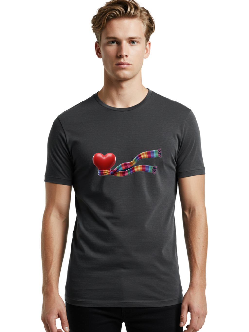 Heart-With-Scarf-2 Men'S Graphic Tee, 100% Cotton, Comfortable Casual Summer Wear, Machine Washable, Red Heart Wrapped In A Scarf, Plaid Pattern, Vibrant Colors, Festive Atmosphere, Love Symbol, Winter Theme, Cozy Feeling Bae043