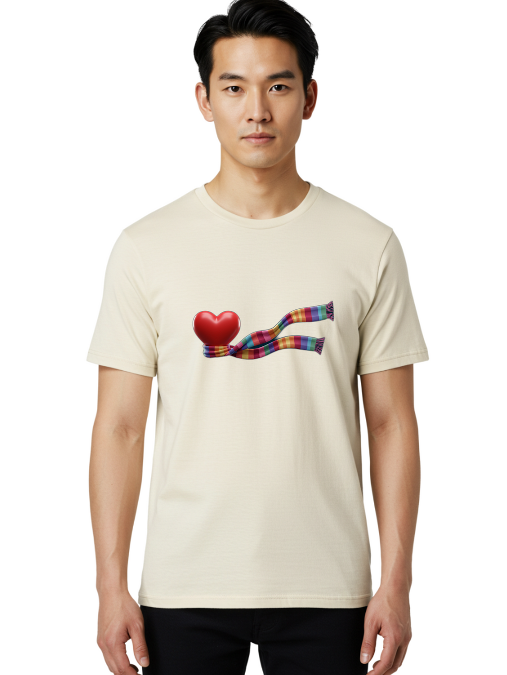 Heart-With-Scarf-2 Men'S Graphic Tee, 100% Cotton, Comfortable Casual Summer Wear, Machine Washable, Red Heart Wrapped In A Scarf, Plaid Pattern, Vibrant Colors, Festive Atmosphere, Love Symbol, Winter Theme, Cozy Feeling Bae043