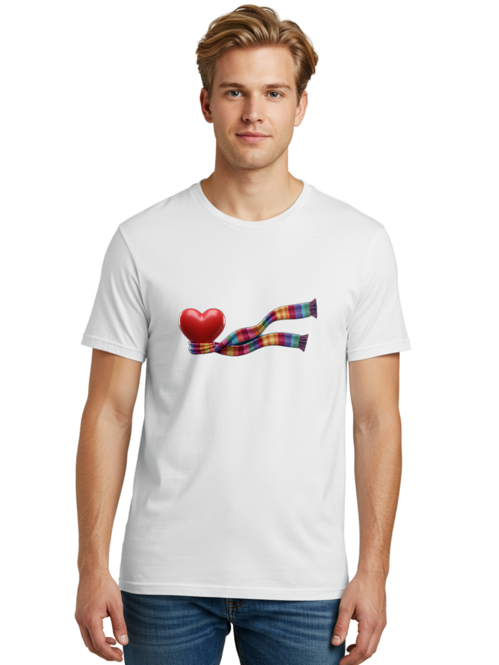 Heart-With-Scarf-2 Men'S Graphic Tee, 100% Cotton, Comfortable Casual Summer Wear, Machine Washable, Red Heart Wrapped In A Scarf, Plaid Pattern, Vibrant Colors, Festive Atmosphere, Love Symbol, Winter Theme, Cozy Feeling Bae043