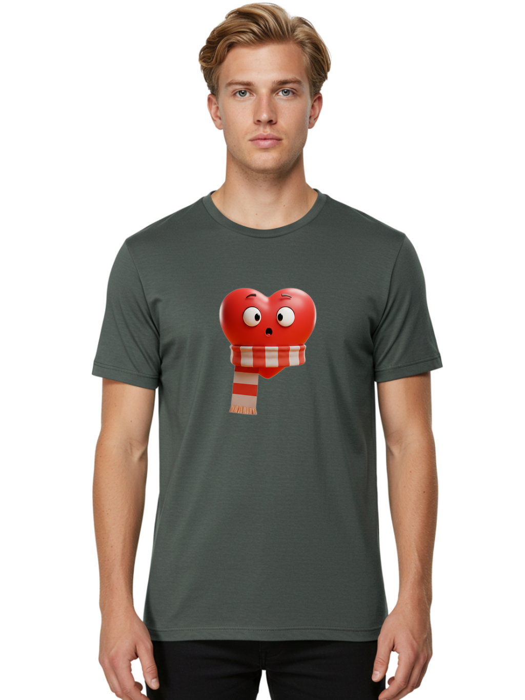 Heart-With-Scarf-3 Men'S Graphic Tee, 100% Cotton, Comfortable Casual Summer Wear, Machine Washable, Cartoon Heart, Red Heart, Surprised Face, Scarf Wrapped, Striped Scarf, 3D Character, Funny Expression, Cute Design, Winter Accessory, Bae044