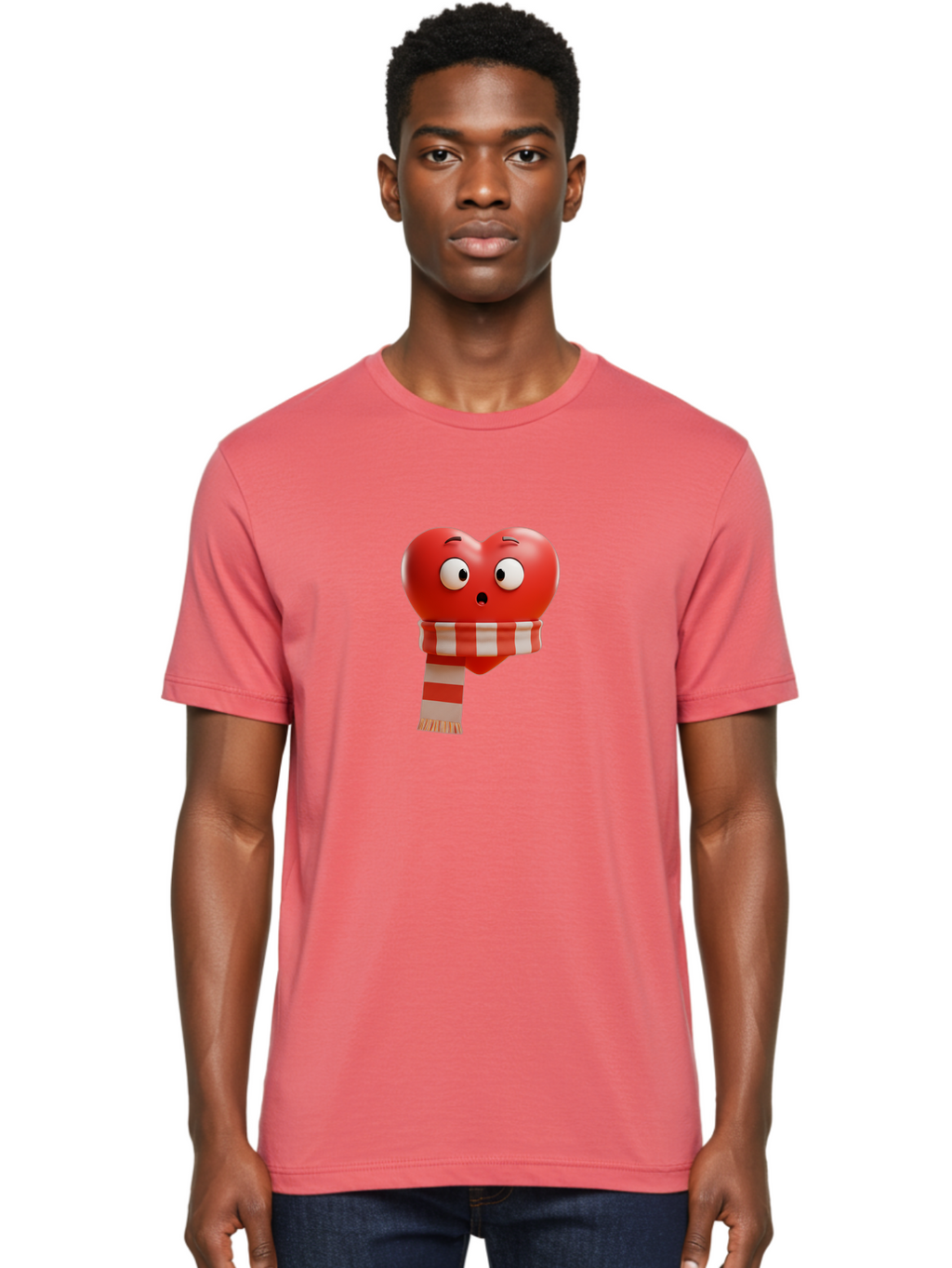 Heart-With-Scarf-3 Men'S Graphic Tee, 100% Cotton, Comfortable Casual Summer Wear, Machine Washable, Cartoon Heart, Red Heart, Surprised Face, Scarf Wrapped, Striped Scarf, 3D Character, Funny Expression, Cute Design, Winter Accessory, Bae044