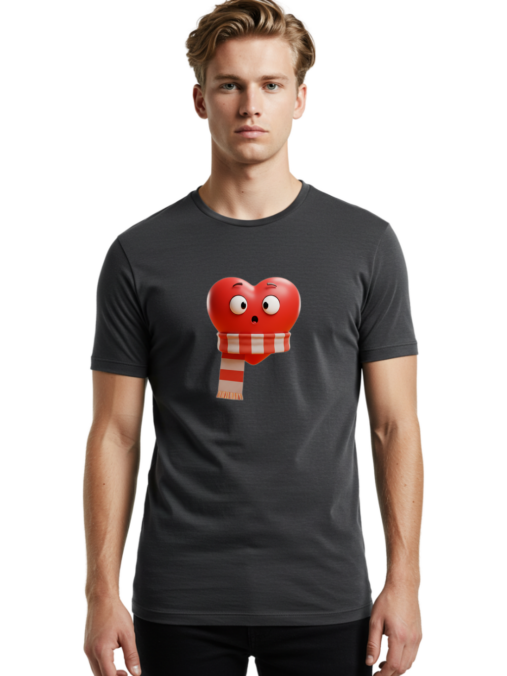Heart-With-Scarf-3 Men'S Graphic Tee, 100% Cotton, Comfortable Casual Summer Wear, Machine Washable, Cartoon Heart, Red Heart, Surprised Face, Scarf Wrapped, Striped Scarf, 3D Character, Funny Expression, Cute Design, Winter Accessory, Bae044