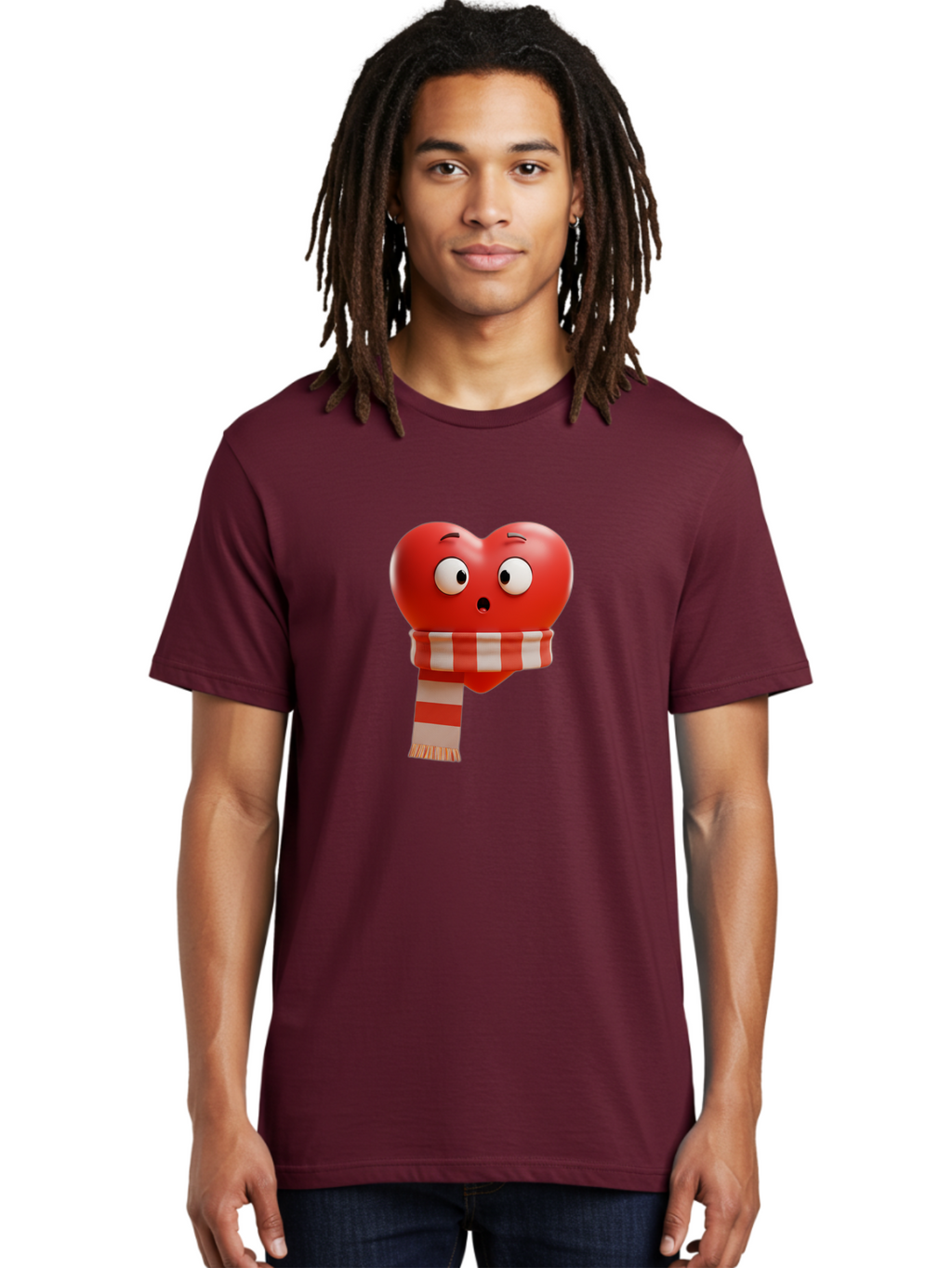 Heart-With-Scarf-3 Men'S Graphic Tee, 100% Cotton, Comfortable Casual Summer Wear, Machine Washable, Cartoon Heart, Red Heart, Surprised Face, Scarf Wrapped, Striped Scarf, 3D Character, Funny Expression, Cute Design, Winter Accessory, Bae044