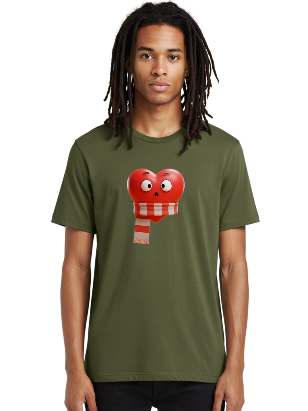 Heart-With-Scarf-3 Men'S Graphic Tee, 100% Cotton, Comfortable Casual Summer Wear, Machine Washable, Cartoon Heart, Red Heart, Surprised Face, Scarf Wrapped, Striped Scarf, 3D Character, Funny Expression, Cute Design, Winter Accessory, Bae044