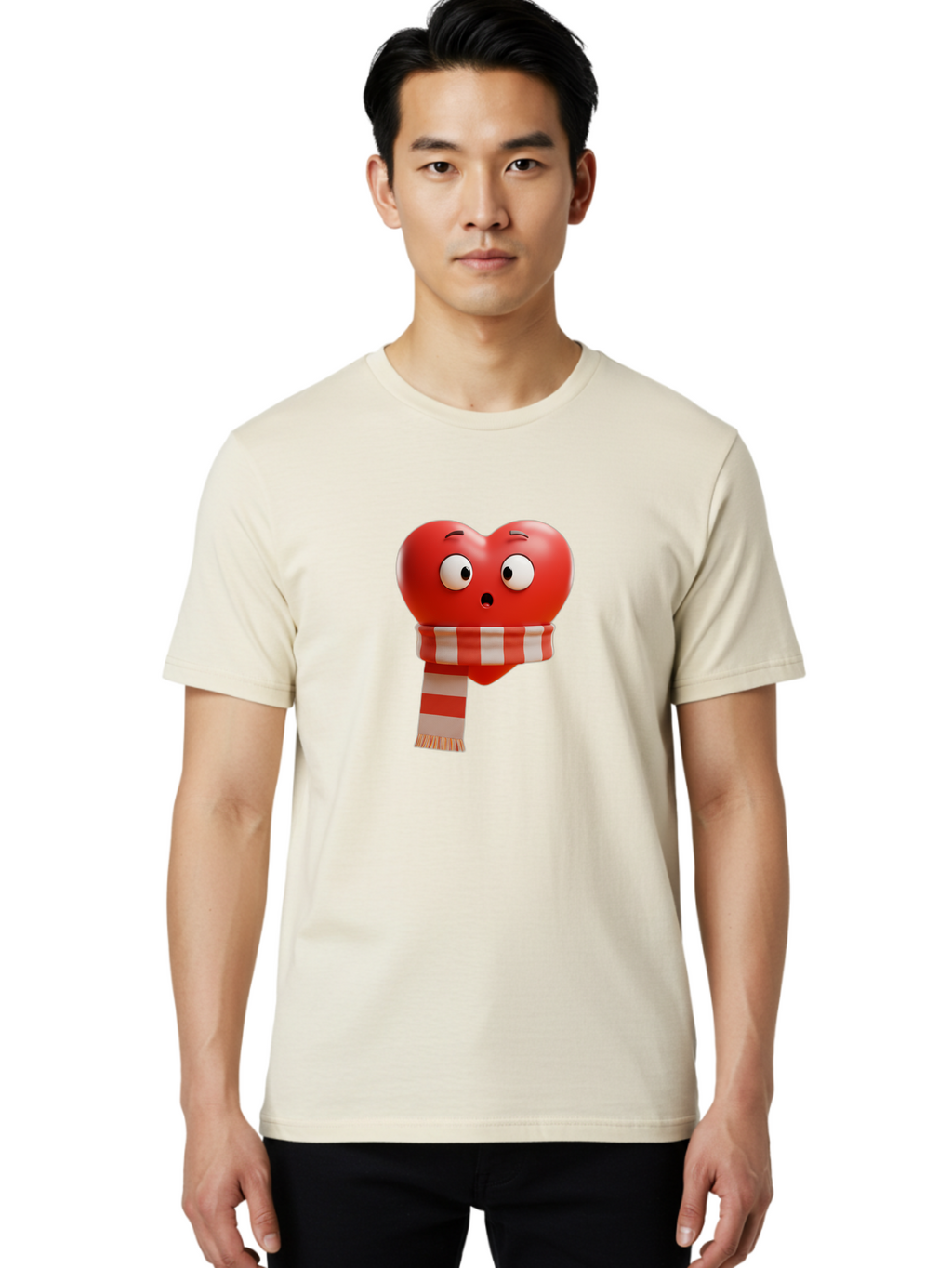 Heart-With-Scarf-3 Men'S Graphic Tee, 100% Cotton, Comfortable Casual Summer Wear, Machine Washable, Cartoon Heart, Red Heart, Surprised Face, Scarf Wrapped, Striped Scarf, 3D Character, Funny Expression, Cute Design, Winter Accessory, Bae044