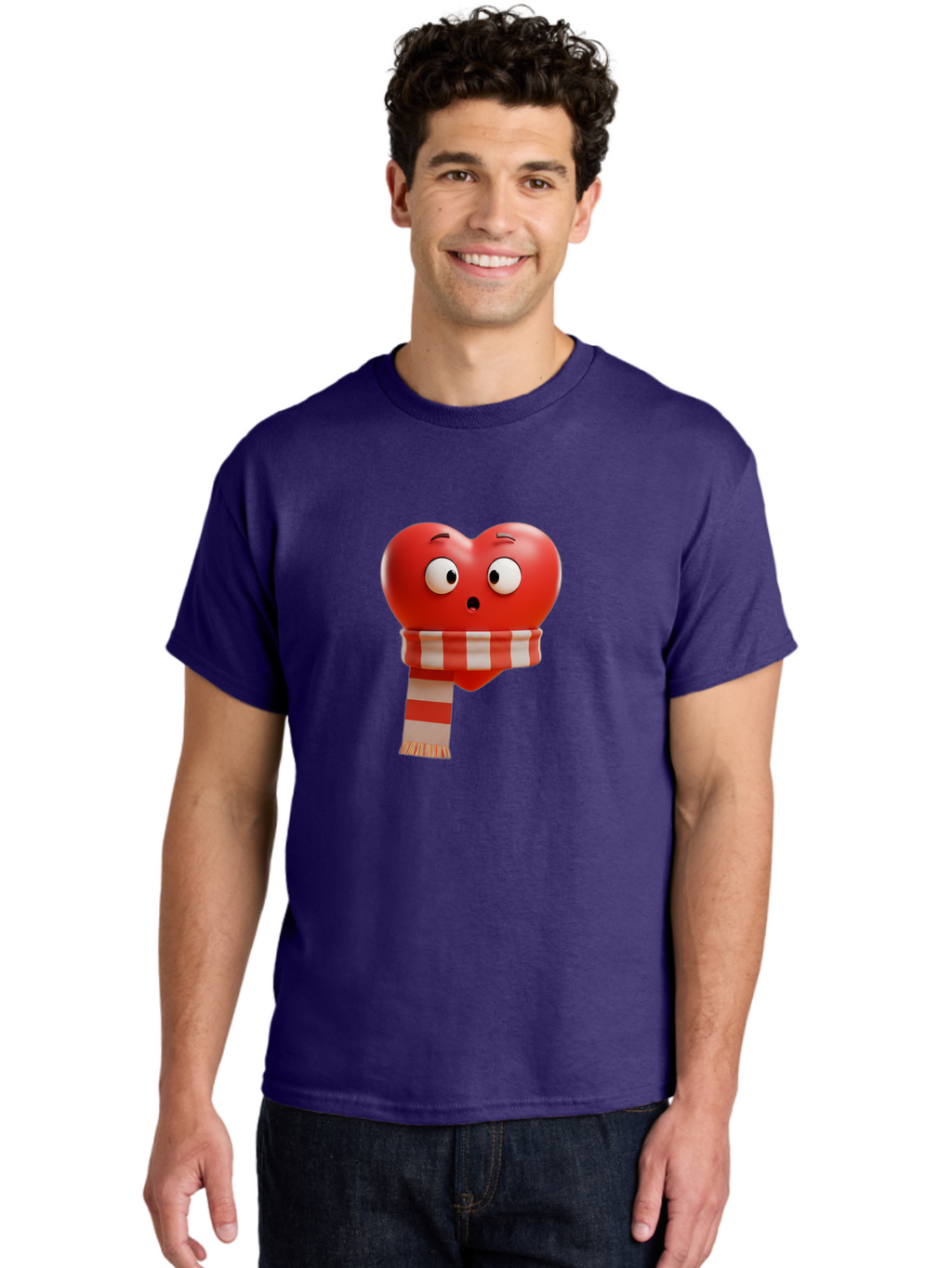 Heart-With-Scarf-3 Men'S Graphic Tee, 100% Cotton, Comfortable Casual Summer Wear, Machine Washable, Cartoon Heart, Red Heart, Surprised Face, Scarf Wrapped, Striped Scarf, 3D Character, Funny Expression, Cute Design, Winter Accessory, Bae044