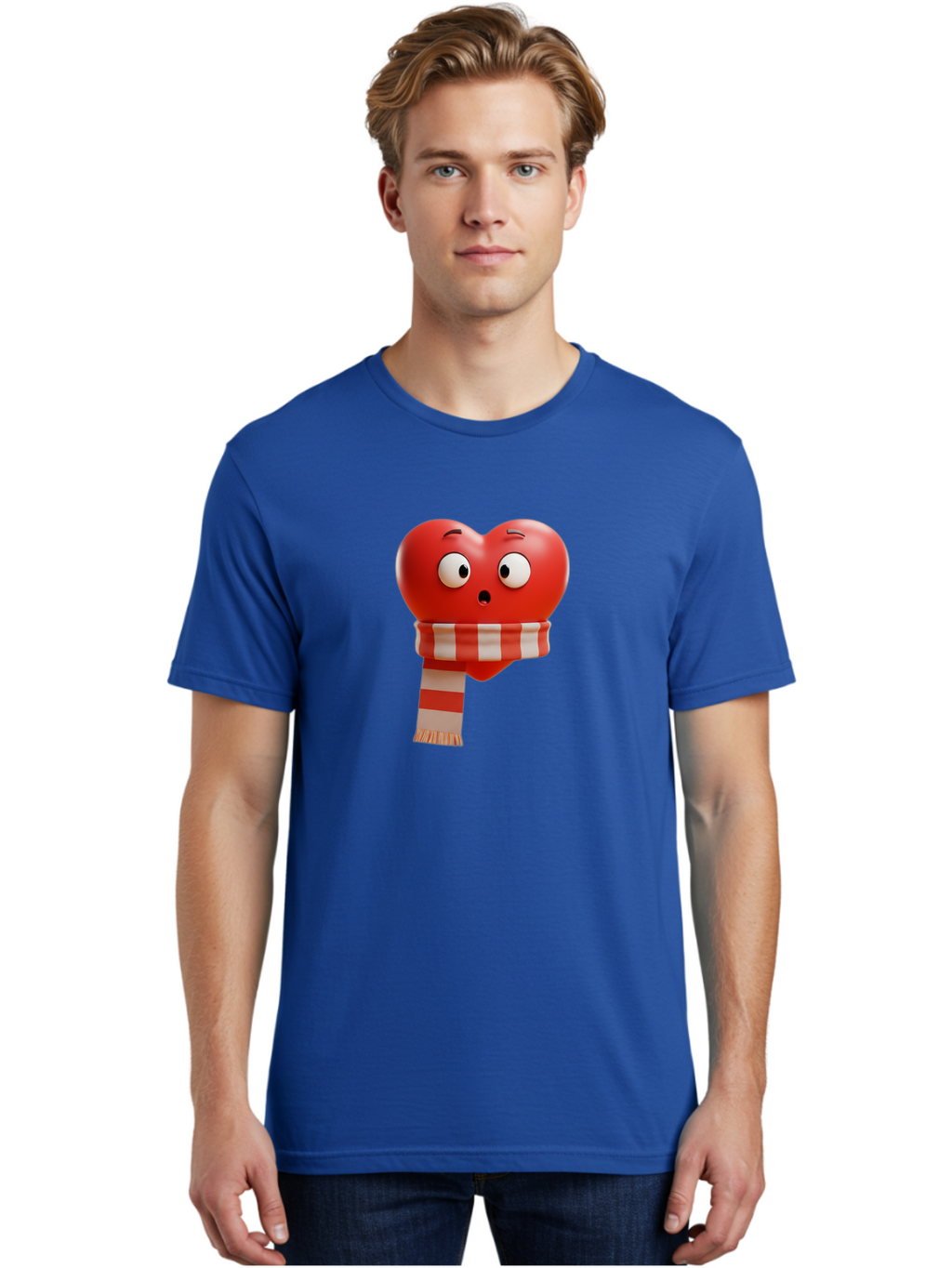 Heart-With-Scarf-3 Men'S Graphic Tee, 100% Cotton, Comfortable Casual Summer Wear, Machine Washable, Cartoon Heart, Red Heart, Surprised Face, Scarf Wrapped, Striped Scarf, 3D Character, Funny Expression, Cute Design, Winter Accessory, Bae044