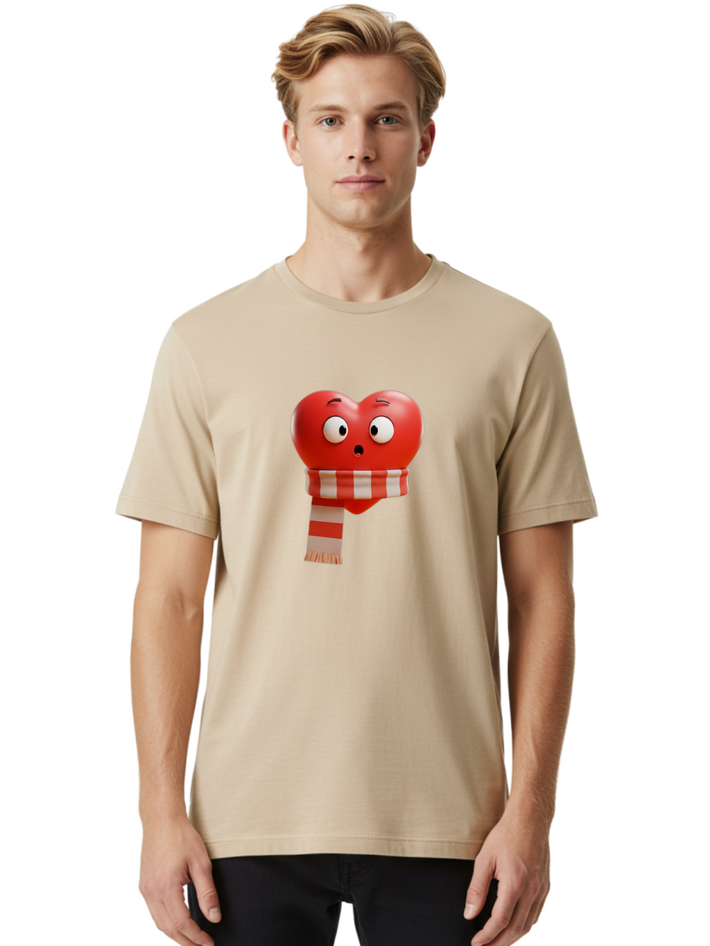 Heart-With-Scarf-3 Men'S Graphic Tee, 100% Cotton, Comfortable Casual Summer Wear, Machine Washable, Cartoon Heart, Red Heart, Surprised Face, Scarf Wrapped, Striped Scarf, 3D Character, Funny Expression, Cute Design, Winter Accessory, Bae044