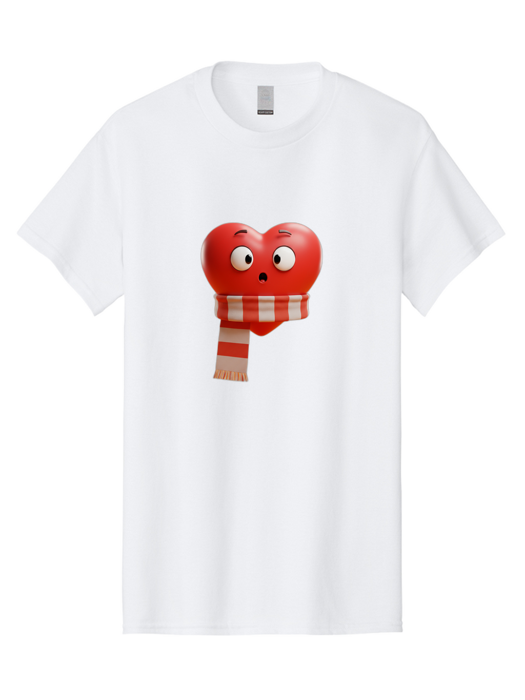 Heart-With-Scarf-3 Men'S Graphic Tee, 100% Cotton, Comfortable Casual Summer Wear, Machine Washable, Cartoon Heart, Red Heart, Surprised Face, Scarf Wrapped, Striped Scarf, 3D Character, Funny Expression, Cute Design, Winter Accessory, Bae044