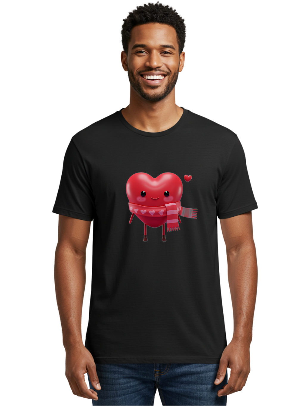 Heart-With-Scarf-4 Men'S Graphic Tee, 100% Cotton, Comfortable Casual Summer Wear, Machine Washable, Cartoon Heart, Heart Character, Smiling Face, Pink Scarf, Love Symbol, Valentines Day, Heart Pattern, Cute Design, Adorable Illustration, Bae045