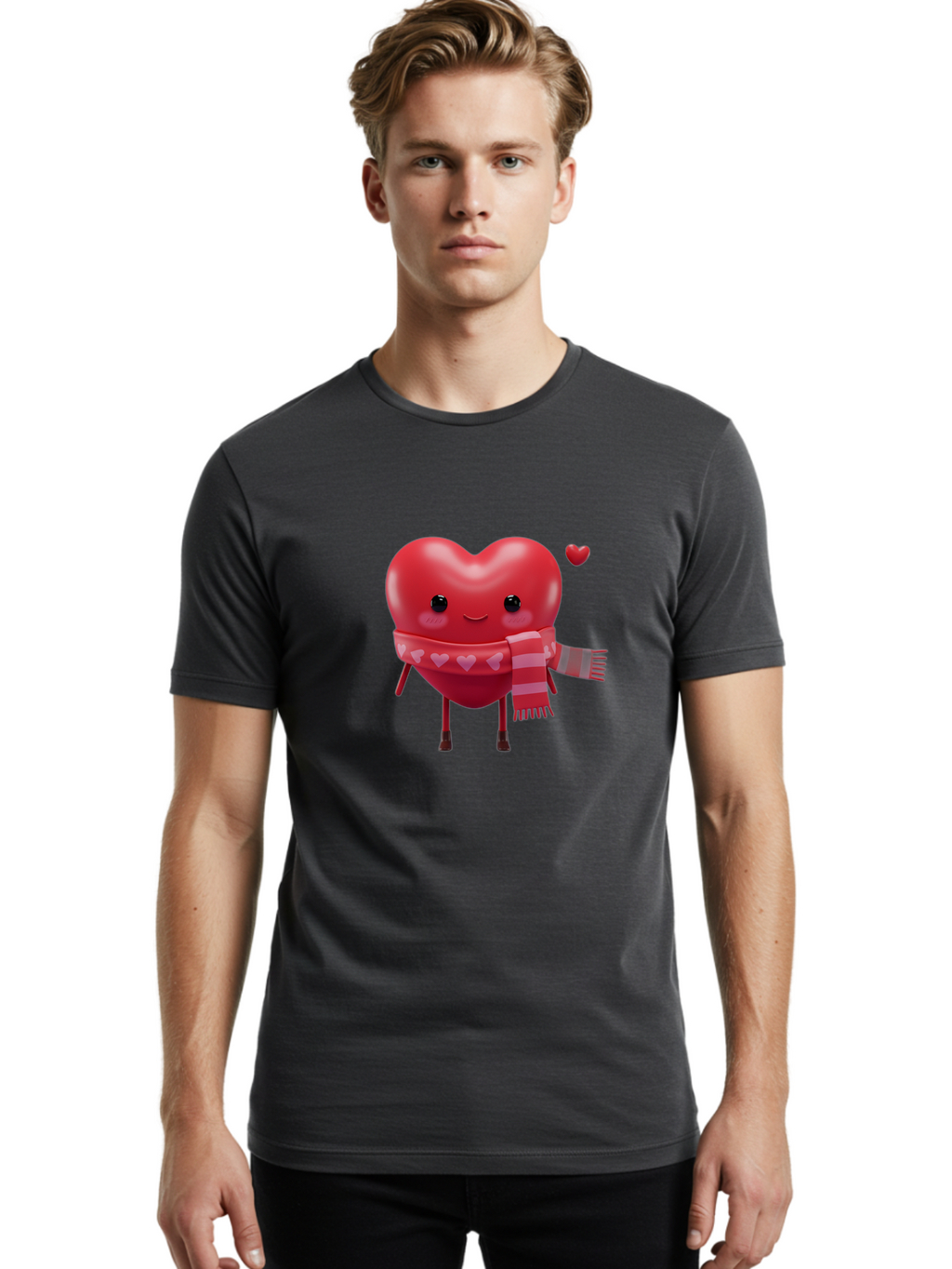 Heart-With-Scarf-4 Men'S Graphic Tee, 100% Cotton, Comfortable Casual Summer Wear, Machine Washable, Cartoon Heart, Heart Character, Smiling Face, Pink Scarf, Love Symbol, Valentines Day, Heart Pattern, Cute Design, Adorable Illustration, Bae045