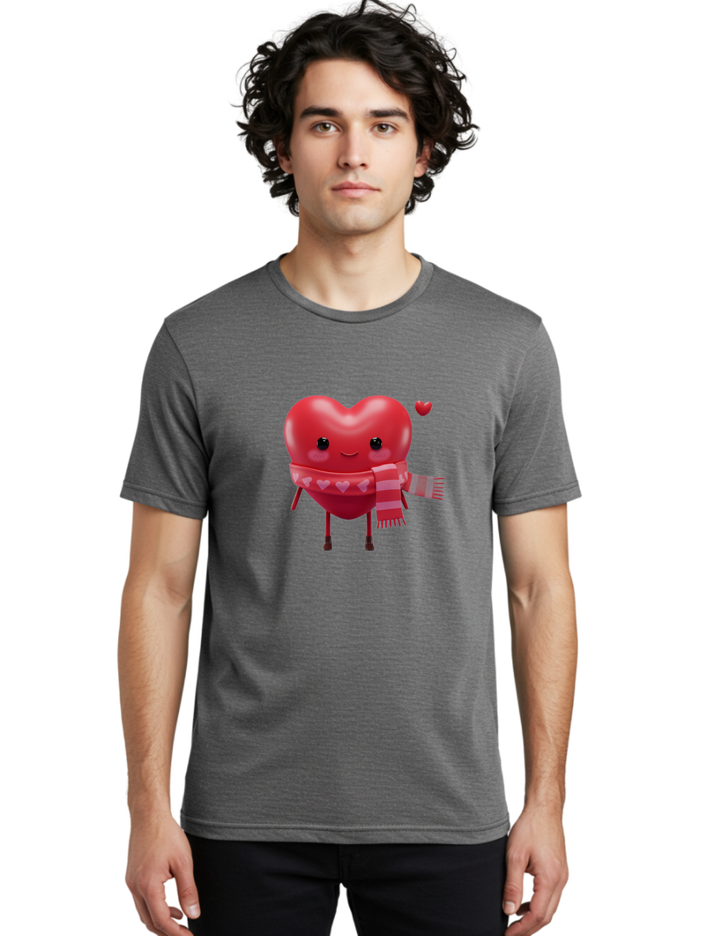 Heart-With-Scarf-4 Men'S Graphic Tee, 100% Cotton, Comfortable Casual Summer Wear, Machine Washable, Cartoon Heart, Heart Character, Smiling Face, Pink Scarf, Love Symbol, Valentines Day, Heart Pattern, Cute Design, Adorable Illustration, Bae045