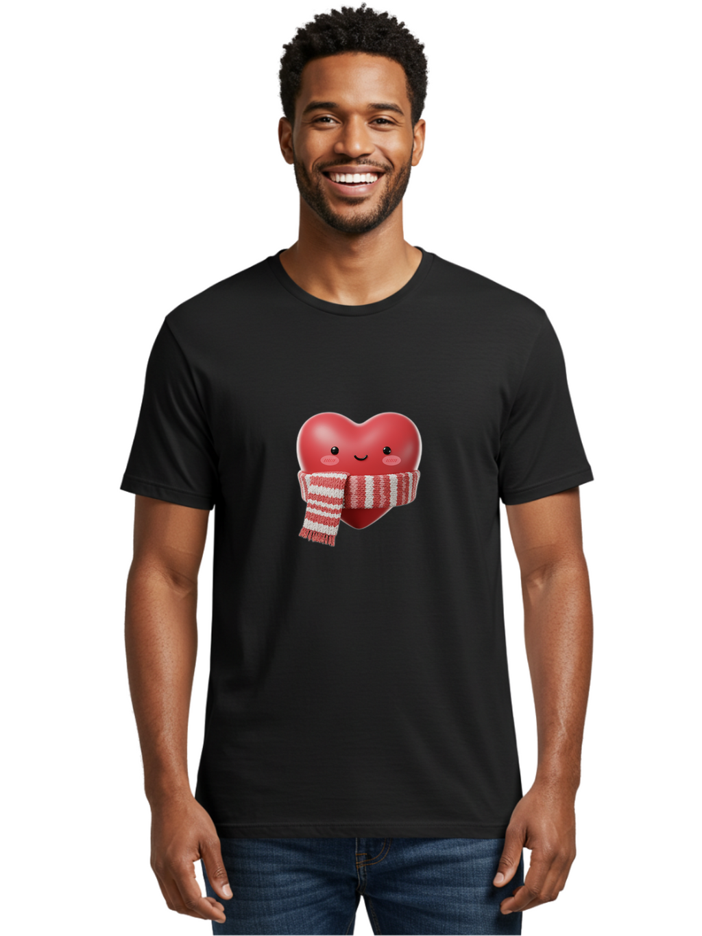 Heart-With-Scarf Men'S Graphic Tee, 100% Cotton, Comfortable Casual Summer Wear, Machine Washable, Heart Character, Red Heart, Scarf Wrapped, Cute Expression, Smiling Face, Rosy Cheeks, Winter Theme, Cartoon Style, Kawaii Design, Love Symbol, Bae046