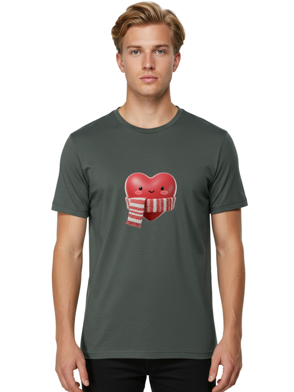 Heart-With-Scarf Men'S Graphic Tee, 100% Cotton, Comfortable Casual Summer Wear, Machine Washable, Heart Character, Red Heart, Scarf Wrapped, Cute Expression, Smiling Face, Rosy Cheeks, Winter Theme, Cartoon Style, Kawaii Design, Love Symbol, Bae046