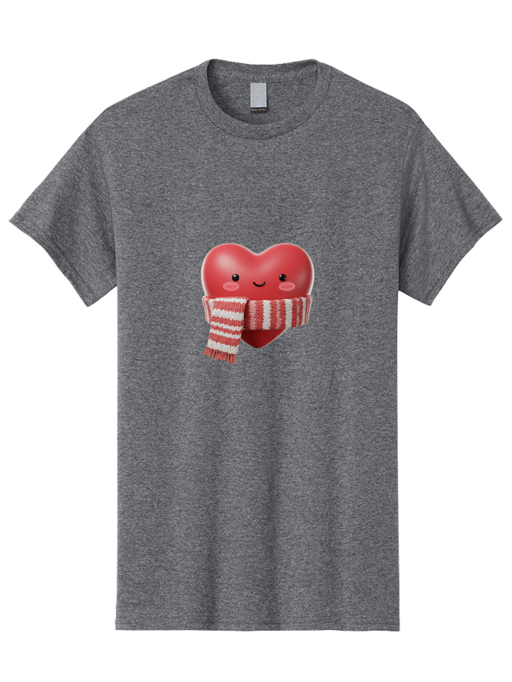 Heart-With-Scarf Men'S Graphic Tee, 100% Cotton, Comfortable Casual Summer Wear, Machine Washable, Heart Character, Red Heart, Scarf Wrapped, Cute Expression, Smiling Face, Rosy Cheeks, Winter Theme, Cartoon Style, Kawaii Design, Love Symbol, Bae046