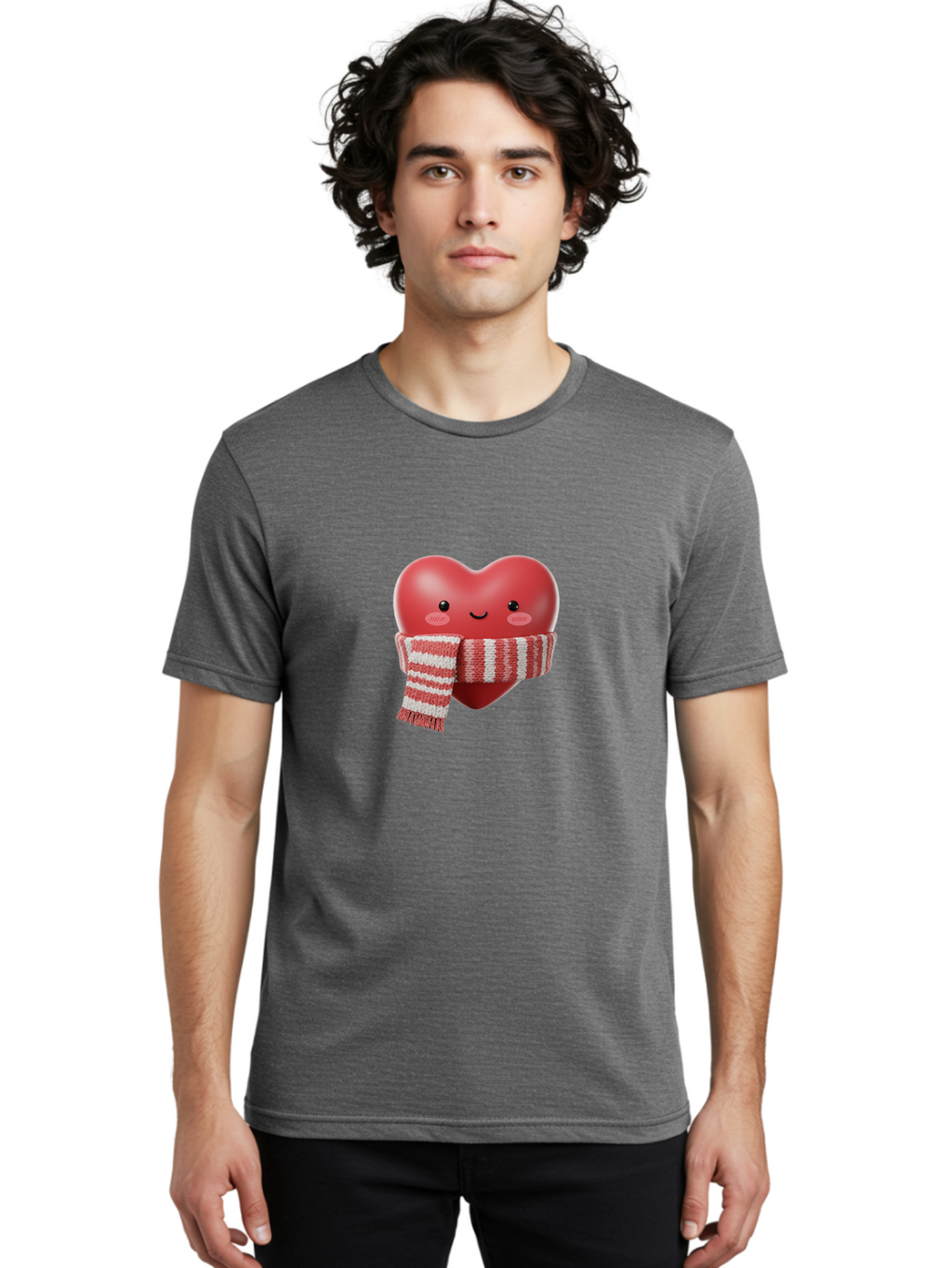 Heart-With-Scarf Men'S Graphic Tee, 100% Cotton, Comfortable Casual Summer Wear, Machine Washable, Heart Character, Red Heart, Scarf Wrapped, Cute Expression, Smiling Face, Rosy Cheeks, Winter Theme, Cartoon Style, Kawaii Design, Love Symbol, Bae046