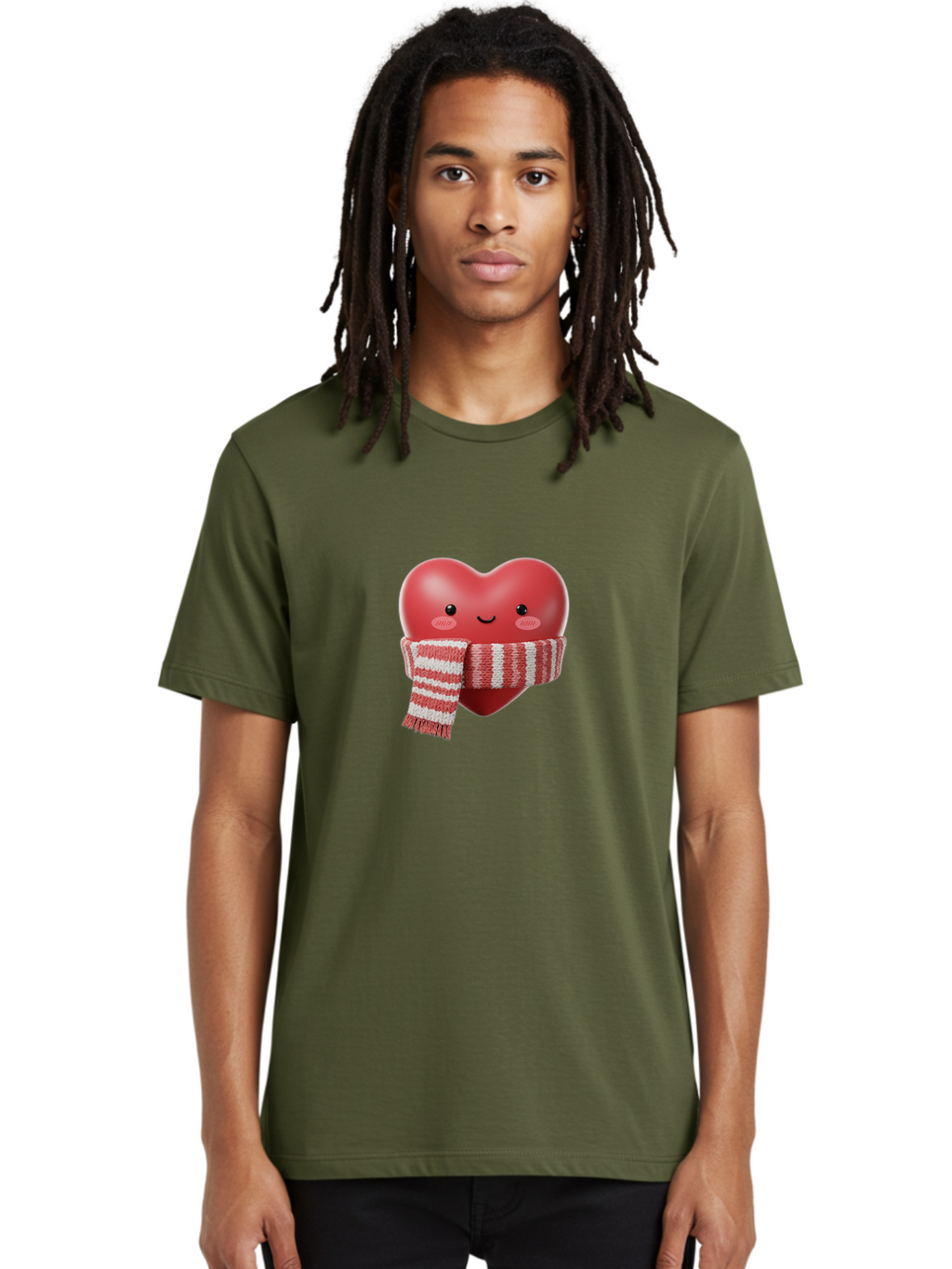 Heart-With-Scarf Men'S Graphic Tee, 100% Cotton, Comfortable Casual Summer Wear, Machine Washable, Heart Character, Red Heart, Scarf Wrapped, Cute Expression, Smiling Face, Rosy Cheeks, Winter Theme, Cartoon Style, Kawaii Design, Love Symbol, Bae046