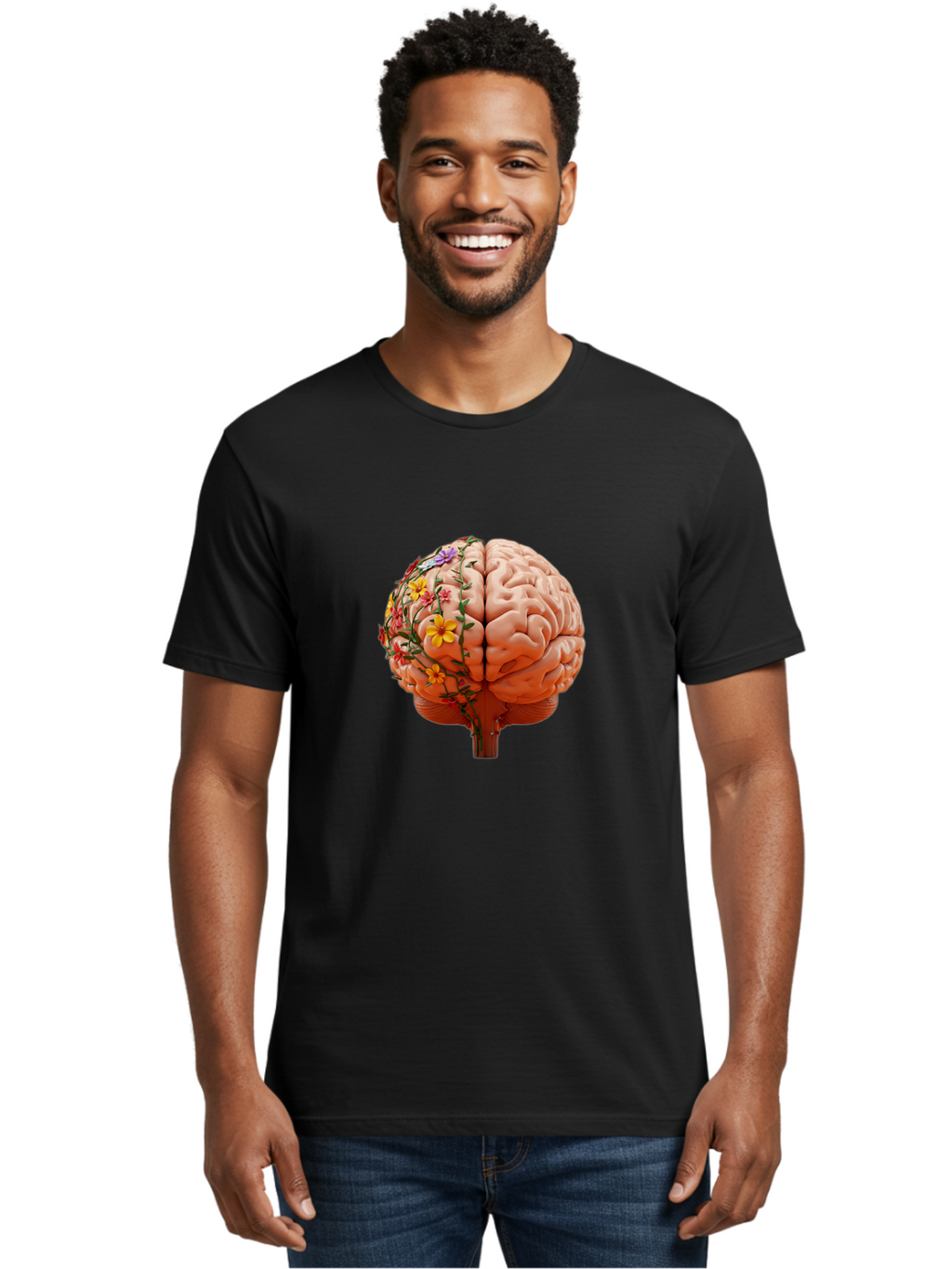 Human-Brain-With-Flowers Men'S Graphic Tee, 100% Cotton, Comfortable Casual Summer Wear, Machine Washable, Human Brain, Floral Growth, Creative Thinking, Brain Development, Mental Wellness, Colorful Blooms, Cognitive Function, Bae047