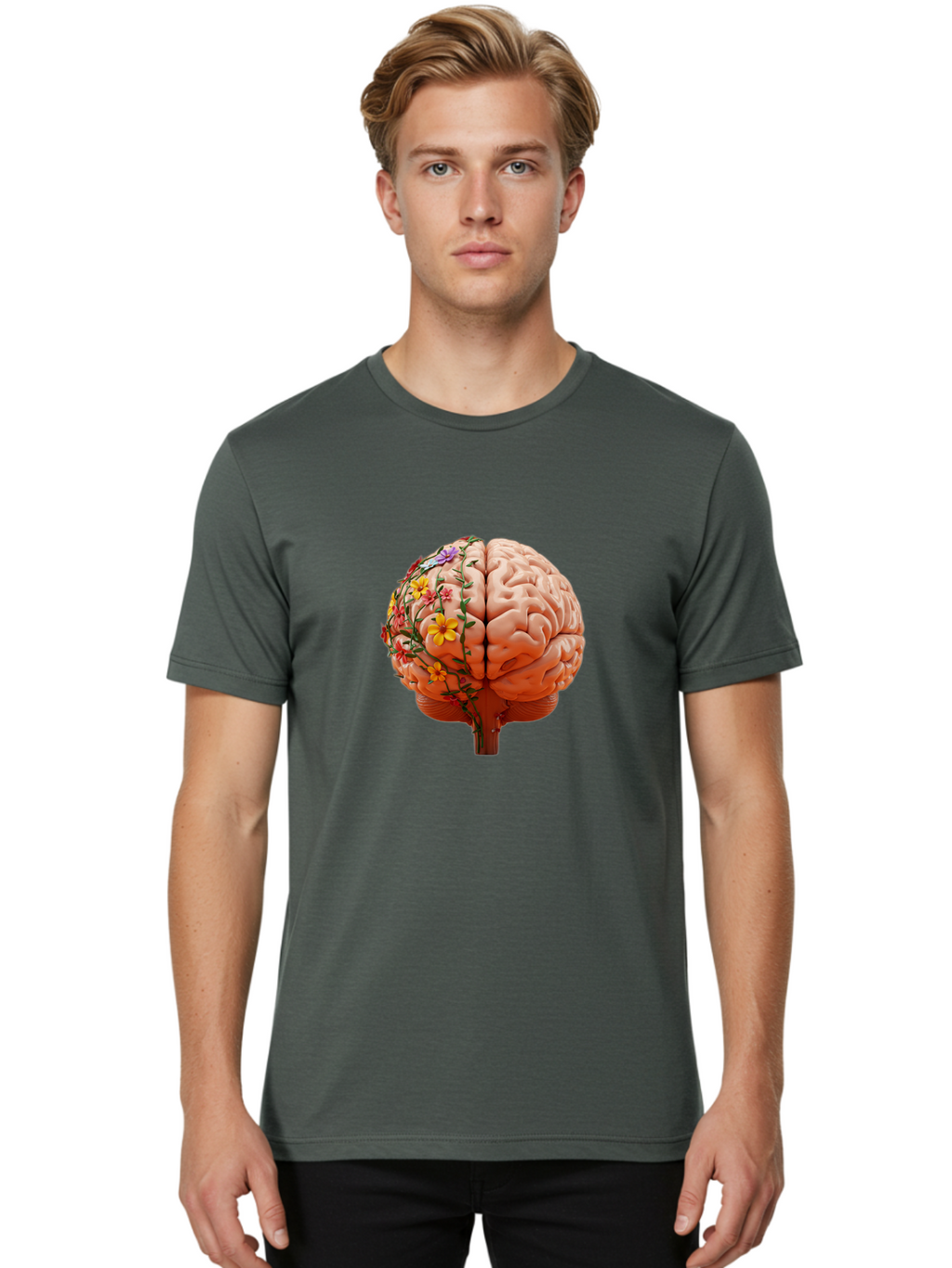 Human-Brain-With-Flowers Men'S Graphic Tee, 100% Cotton, Comfortable Casual Summer Wear, Machine Washable, Human Brain, Floral Growth, Creative Thinking, Brain Development, Mental Wellness, Colorful Blooms, Cognitive Function, Bae047