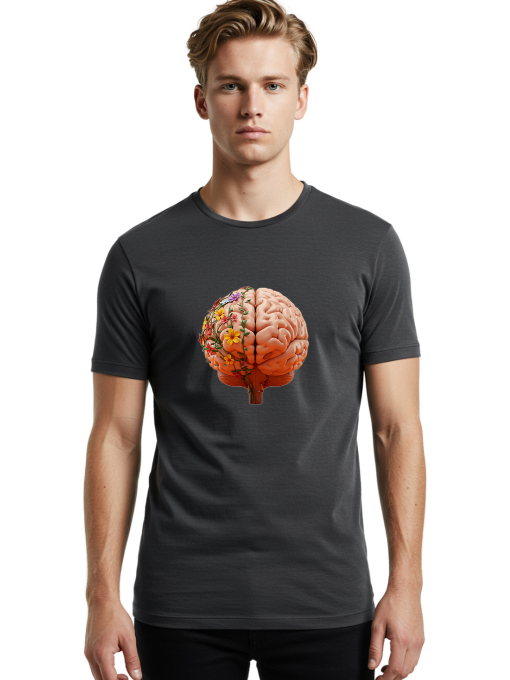 Human-Brain-With-Flowers Men'S Graphic Tee, 100% Cotton, Comfortable Casual Summer Wear, Machine Washable, Human Brain, Floral Growth, Creative Thinking, Brain Development, Mental Wellness, Colorful Blooms, Cognitive Function, Bae047