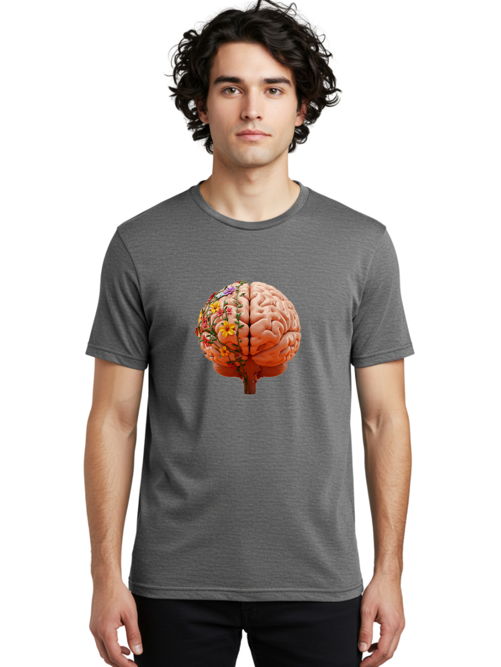 Human-Brain-With-Flowers Men'S Graphic Tee, 100% Cotton, Comfortable Casual Summer Wear, Machine Washable, Human Brain, Floral Growth, Creative Thinking, Brain Development, Mental Wellness, Colorful Blooms, Cognitive Function, Bae047