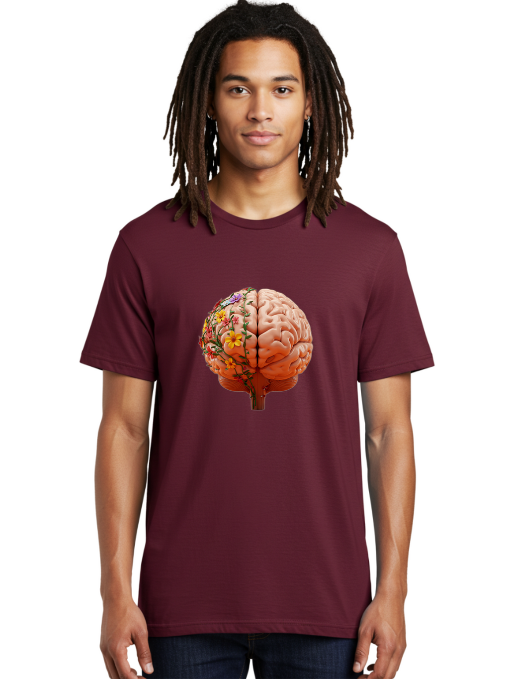 Human-Brain-With-Flowers Men'S Graphic Tee, 100% Cotton, Comfortable Casual Summer Wear, Machine Washable, Human Brain, Floral Growth, Creative Thinking, Brain Development, Mental Wellness, Colorful Blooms, Cognitive Function, Bae047