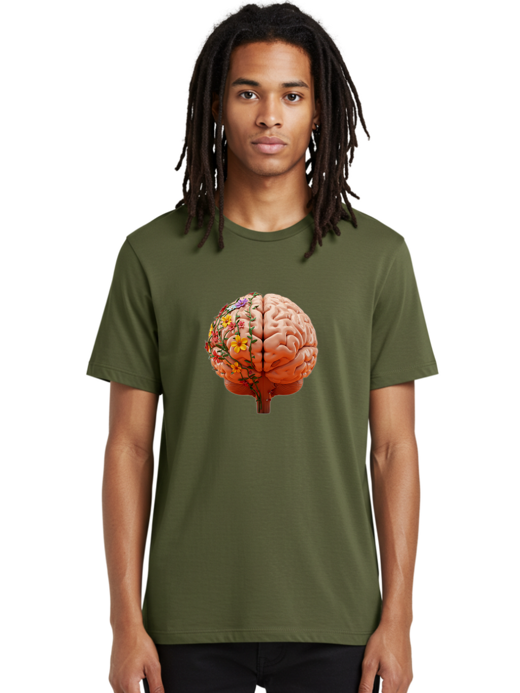 Human-Brain-With-Flowers Men'S Graphic Tee, 100% Cotton, Comfortable Casual Summer Wear, Machine Washable, Human Brain, Floral Growth, Creative Thinking, Brain Development, Mental Wellness, Colorful Blooms, Cognitive Function, Bae047