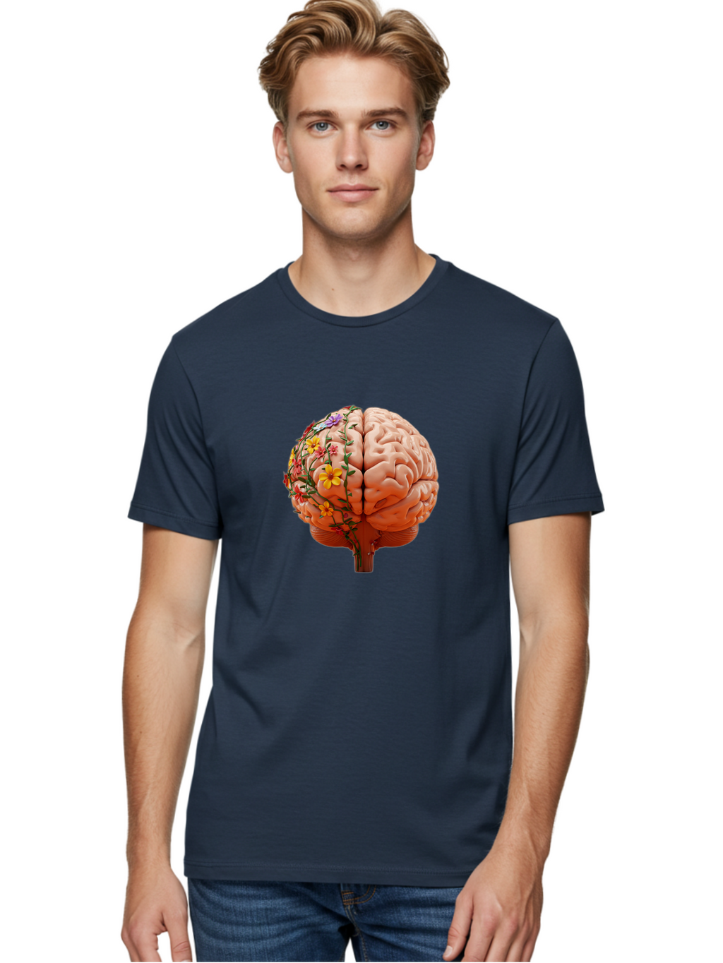 Human-Brain-With-Flowers Men'S Graphic Tee, 100% Cotton, Comfortable Casual Summer Wear, Machine Washable, Human Brain, Floral Growth, Creative Thinking, Brain Development, Mental Wellness, Colorful Blooms, Cognitive Function, Bae047