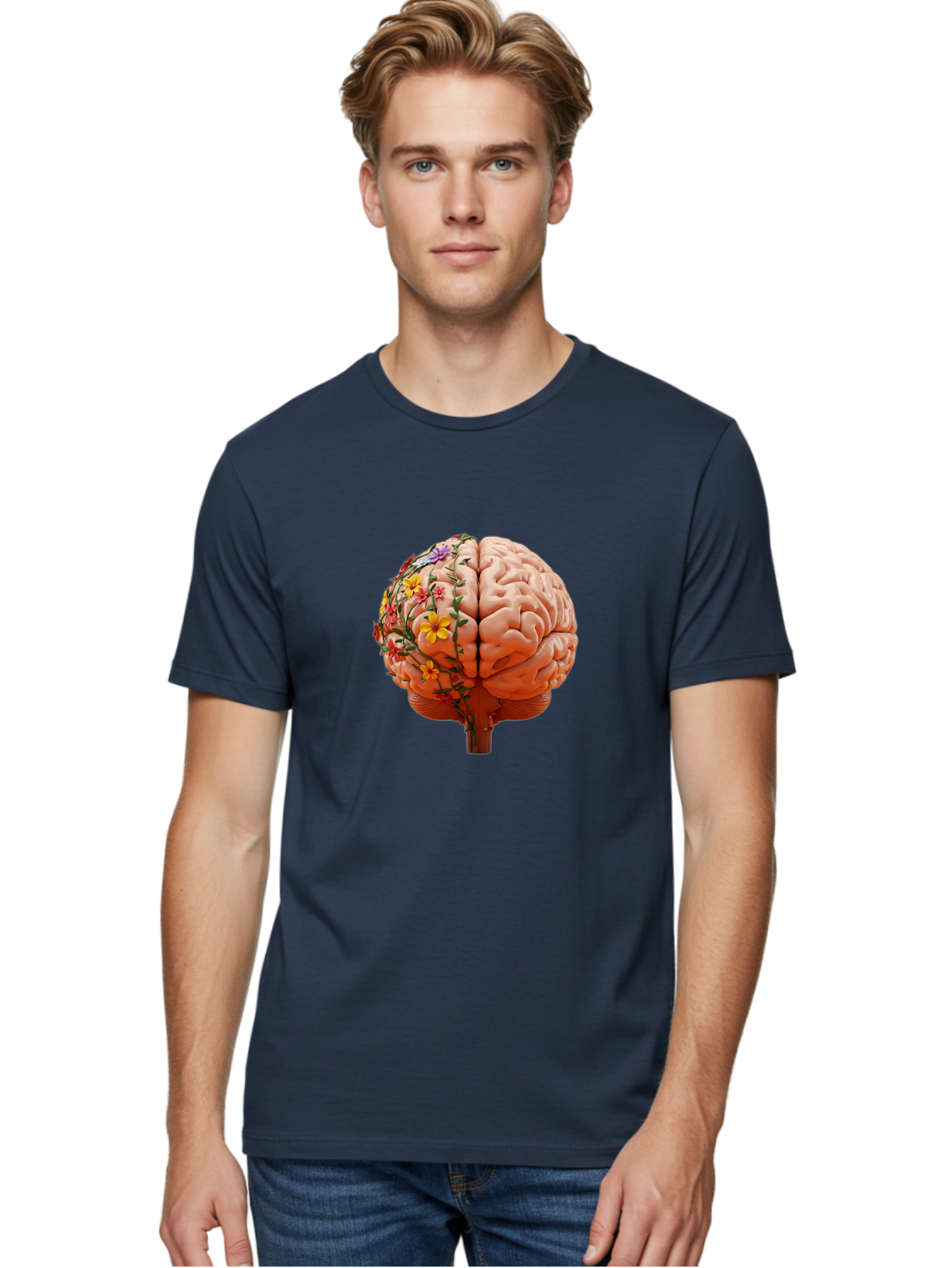 Human-Brain-With-Flowers Men'S Graphic Tee, 100% Cotton, Comfortable Casual Summer Wear, Machine Washable, Human Brain, Floral Growth, Creative Thinking, Brain Development, Mental Wellness, Colorful Blooms, Cognitive Function, Bae047