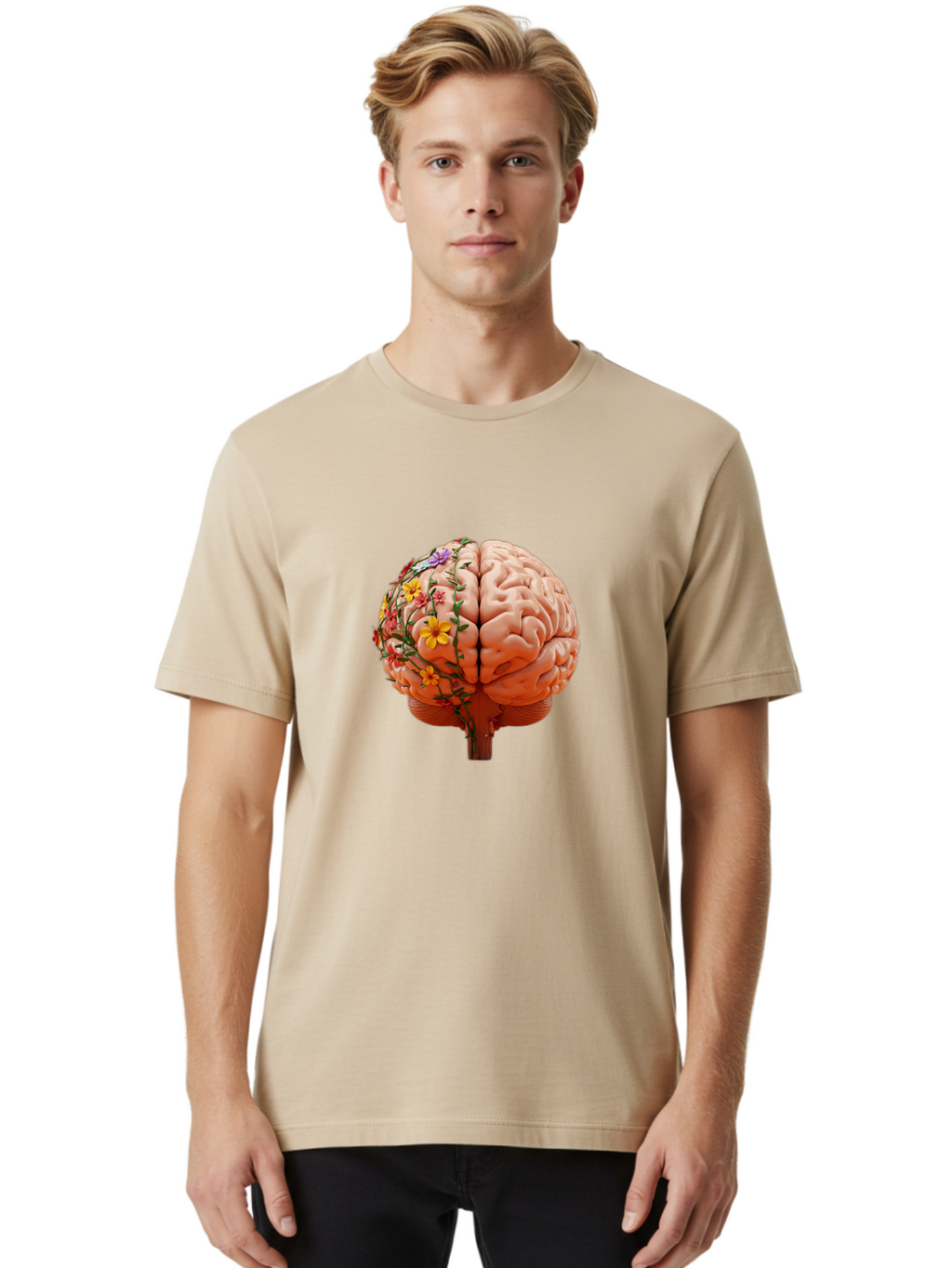 Human-Brain-With-Flowers Men'S Graphic Tee, 100% Cotton, Comfortable Casual Summer Wear, Machine Washable, Human Brain, Floral Growth, Creative Thinking, Brain Development, Mental Wellness, Colorful Blooms, Cognitive Function, Bae047