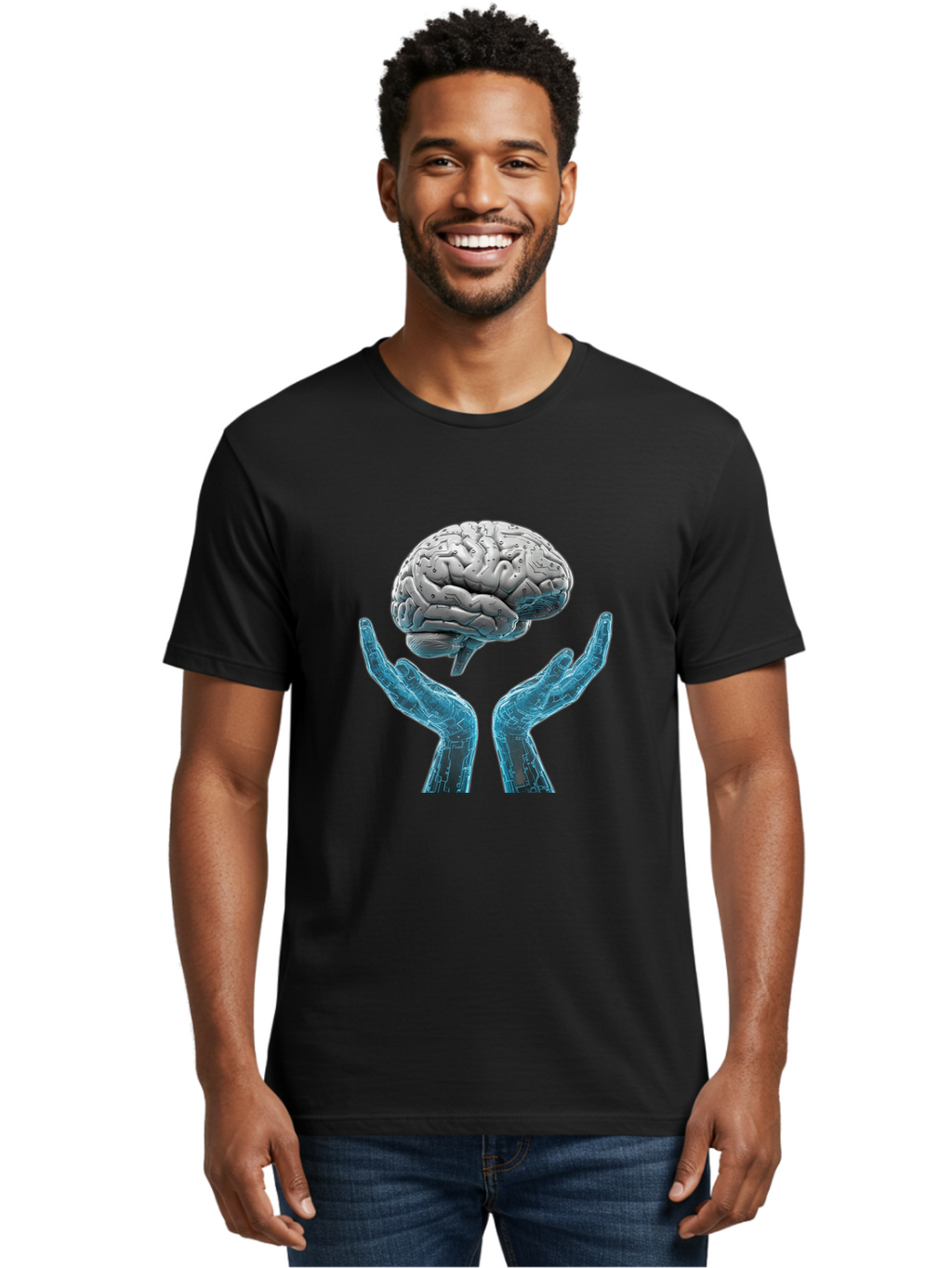 Human-Brain Men'S Graphic Tee, 100% Cotton, Comfortable Casual Summer Wear, Machine Washable, Robotic Hands, Human Brain, Futuristic Technology, Artificial Intelligence, Neural Networks, Cognitive Abilities, Advanced Robotics, Bae048