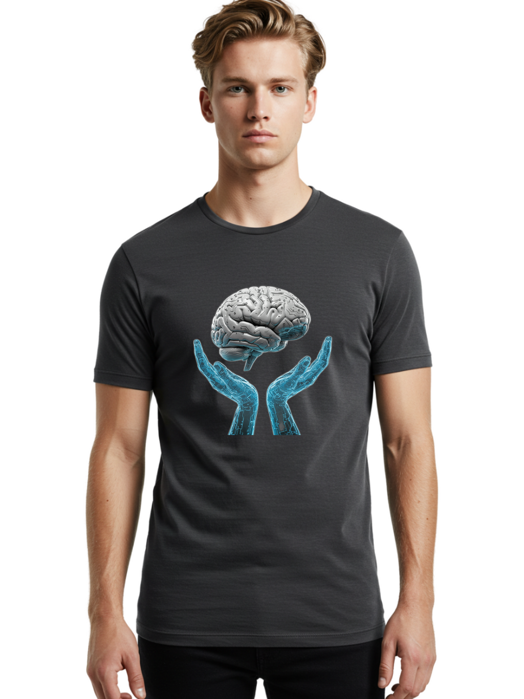 Human-Brain Men'S Graphic Tee, 100% Cotton, Comfortable Casual Summer Wear, Machine Washable, Robotic Hands, Human Brain, Futuristic Technology, Artificial Intelligence, Neural Networks, Cognitive Abilities, Advanced Robotics, Bae048