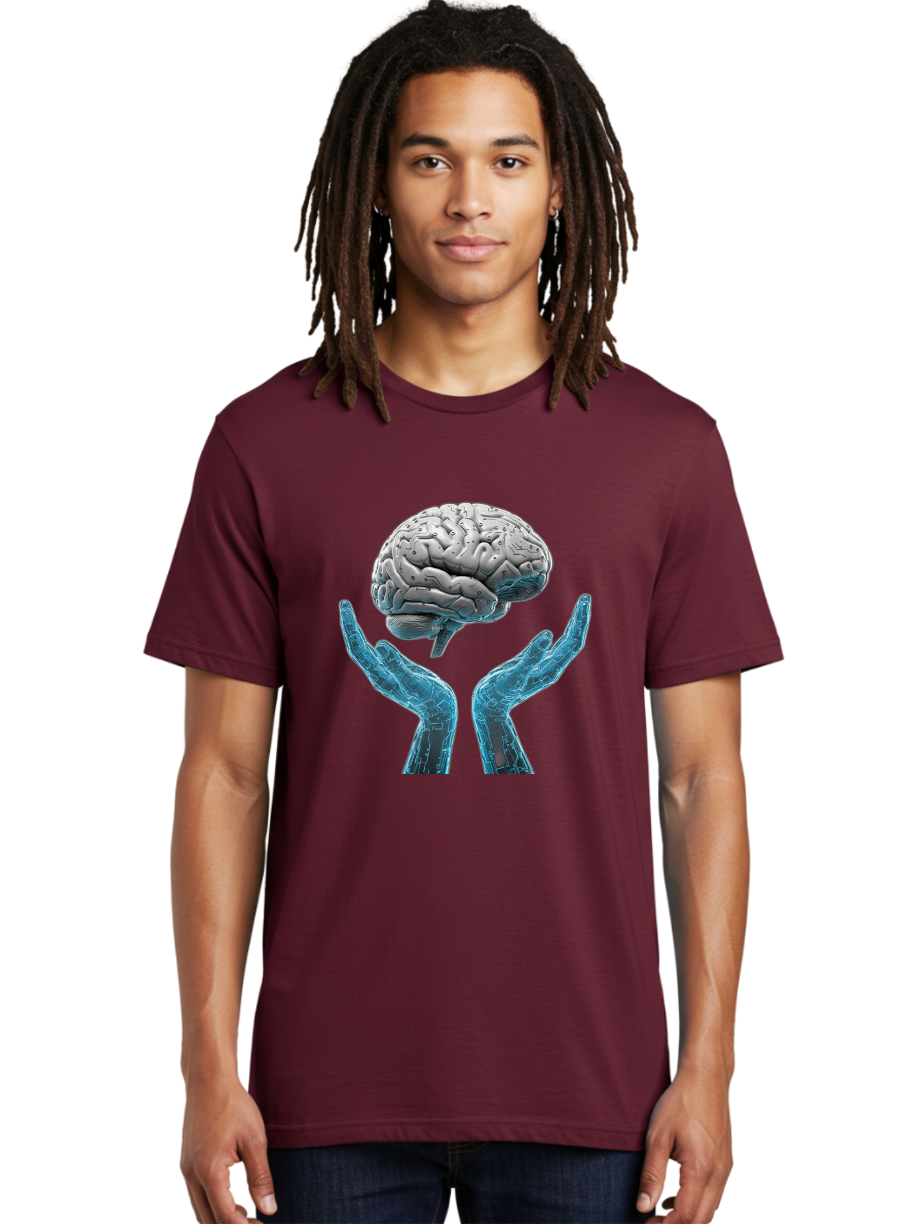 Human-Brain Men'S Graphic Tee, 100% Cotton, Comfortable Casual Summer Wear, Machine Washable, Robotic Hands, Human Brain, Futuristic Technology, Artificial Intelligence, Neural Networks, Cognitive Abilities, Advanced Robotics, Bae048