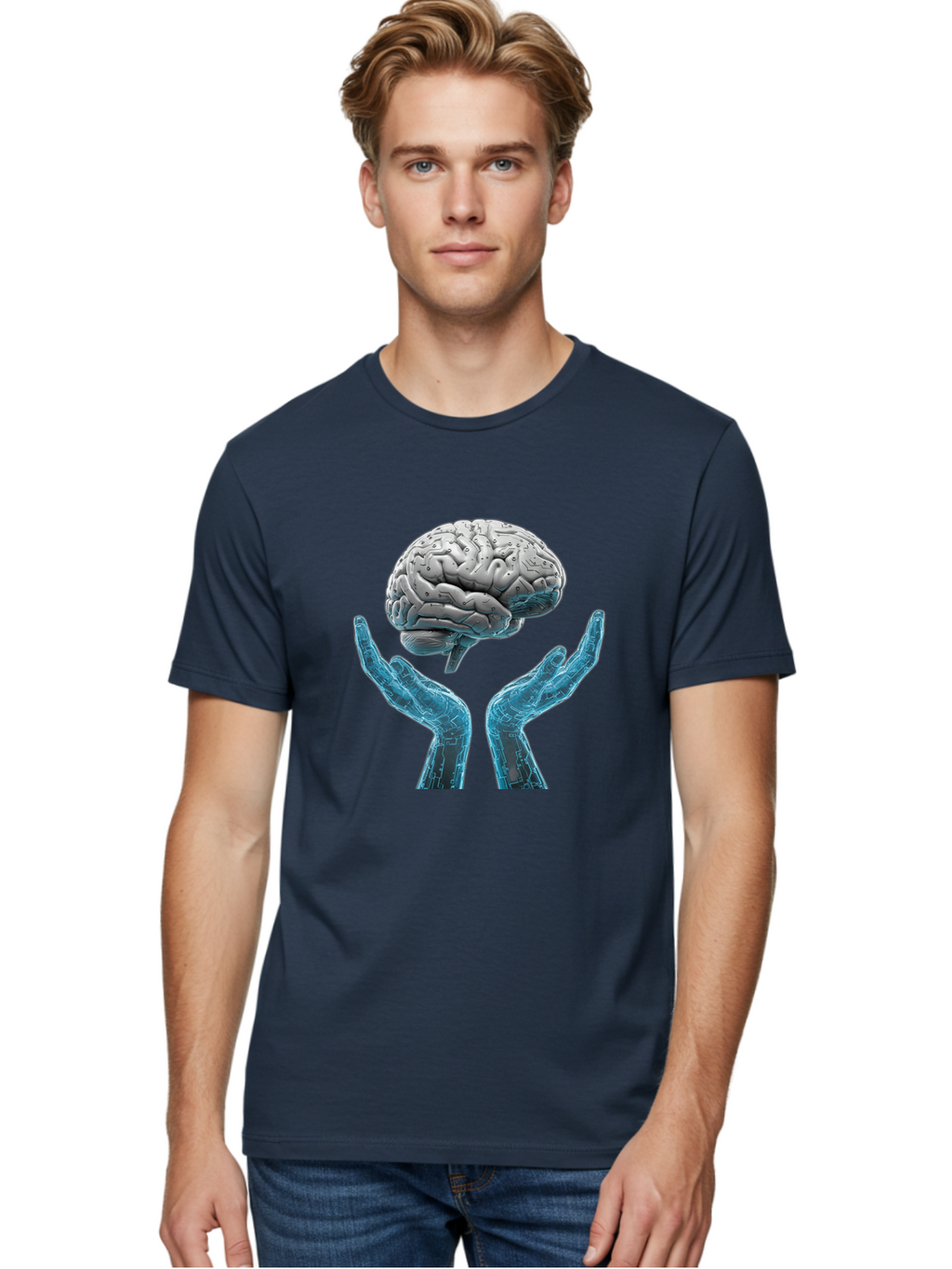 Human-Brain Men'S Graphic Tee, 100% Cotton, Comfortable Casual Summer Wear, Machine Washable, Robotic Hands, Human Brain, Futuristic Technology, Artificial Intelligence, Neural Networks, Cognitive Abilities, Advanced Robotics, Bae048
