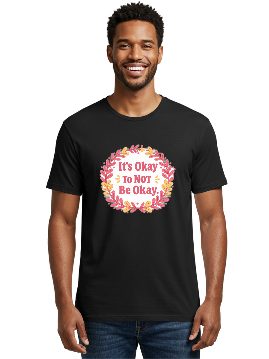 It-S-Okay-To-Not-Be-Okay-1 Men'S Graphic Tee, 100% Cotton, Comfortable Casual Summer Wear, Machine Washable, Motivational Quote, Mental Health Awareness, Inspirational Message, Positive Vibes, Self Care, Wellness, Pink Font, Yellow Leaves, Bae050
