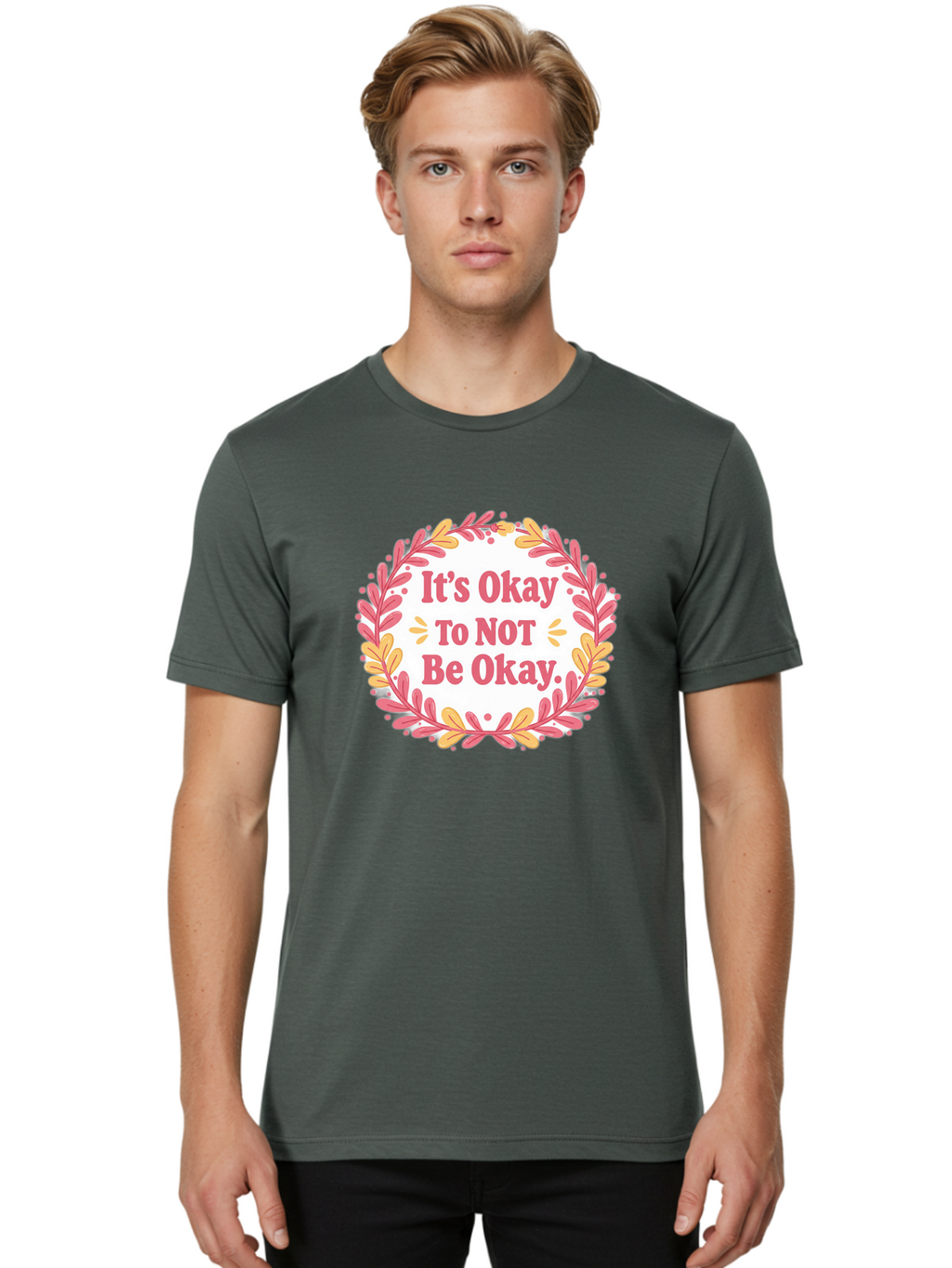 It-S-Okay-To-Not-Be-Okay-1 Men'S Graphic Tee, 100% Cotton, Comfortable Casual Summer Wear, Machine Washable, Motivational Quote, Mental Health Awareness, Inspirational Message, Positive Vibes, Self Care, Wellness, Pink Font, Yellow Leaves, Bae050