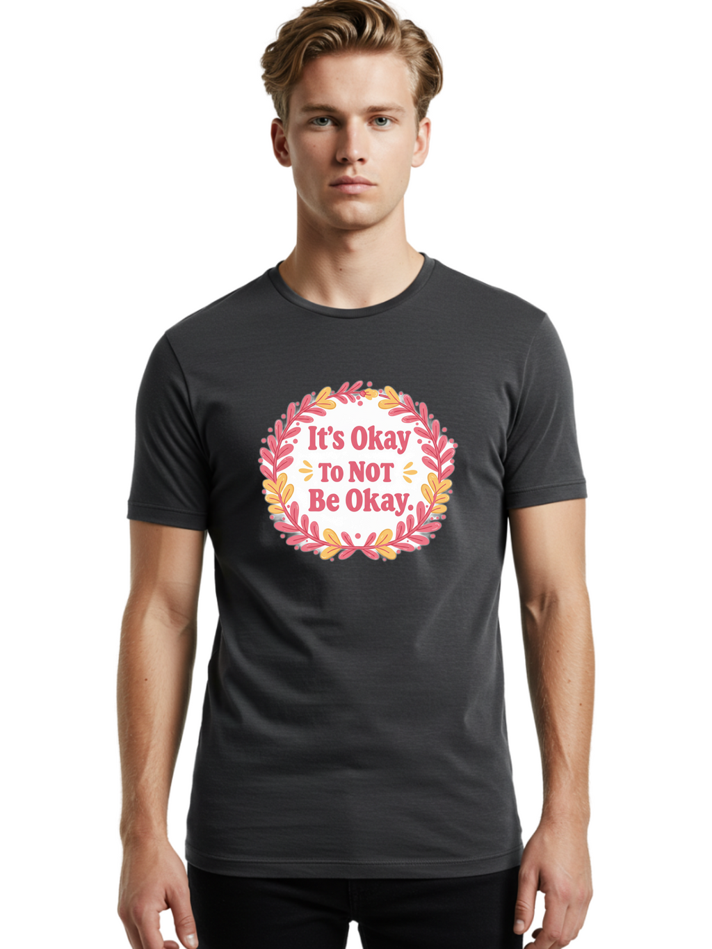 It-S-Okay-To-Not-Be-Okay-1 Men'S Graphic Tee, 100% Cotton, Comfortable Casual Summer Wear, Machine Washable, Motivational Quote, Mental Health Awareness, Inspirational Message, Positive Vibes, Self Care, Wellness, Pink Font, Yellow Leaves, Bae050